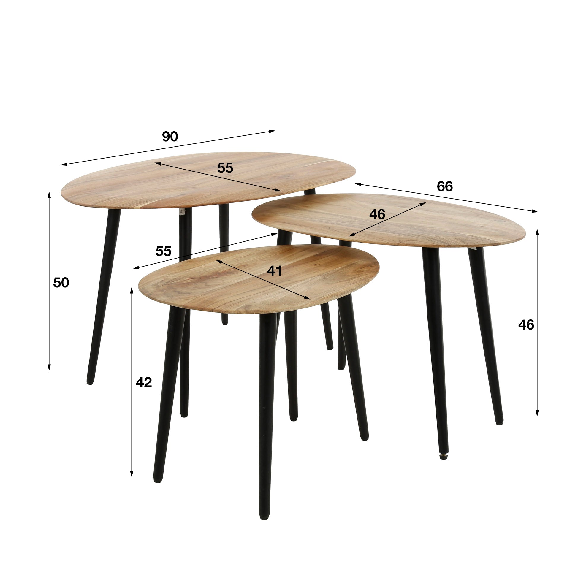 Couchtisch-Set Oliva 3er-Set – Organische Akazienholz-Tische mit Metallgestell 90x55x50 cm, 66x46x46 cm & 55x41x42 cm