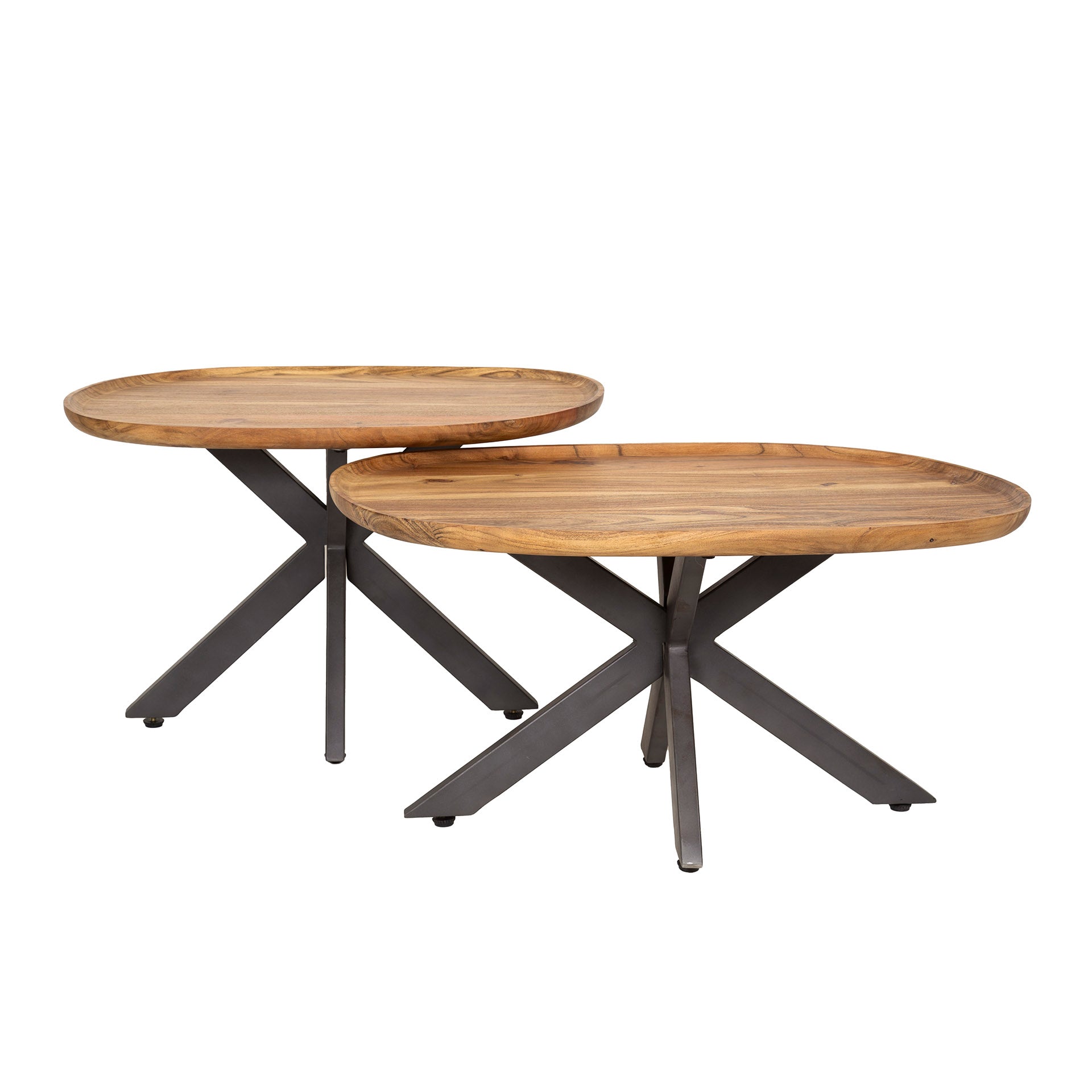 Couchtisch Ragno 2er-Set – Akazienholz mit organischer Form & Spinnengestell aus Metall (70x48x45 cm & 60x40x40 cm)