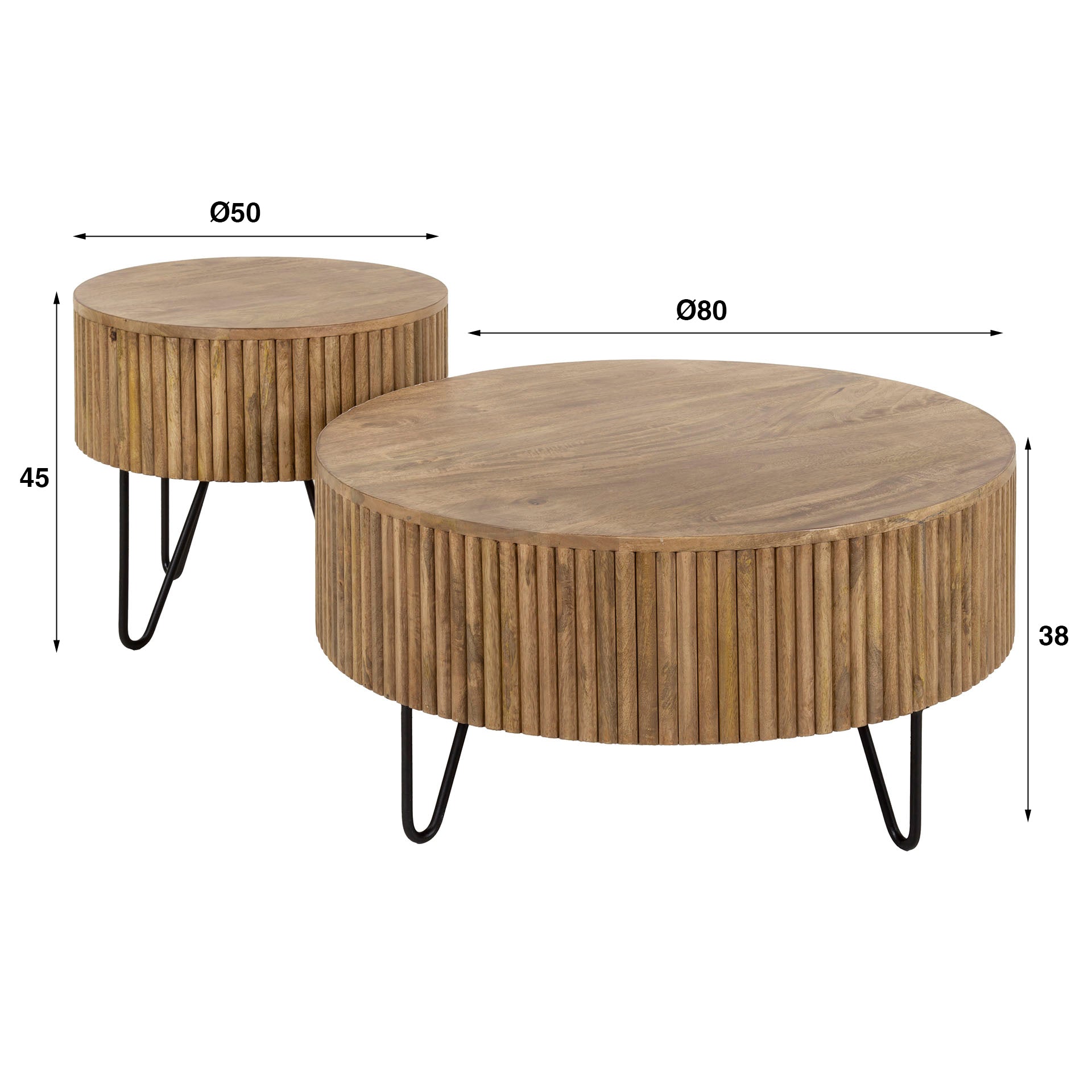 Couchtisch Nuvino 2er-Set Ø80x38 & Ø50x45 cm – sandfarbenes Mangoholz mit Wellendesign