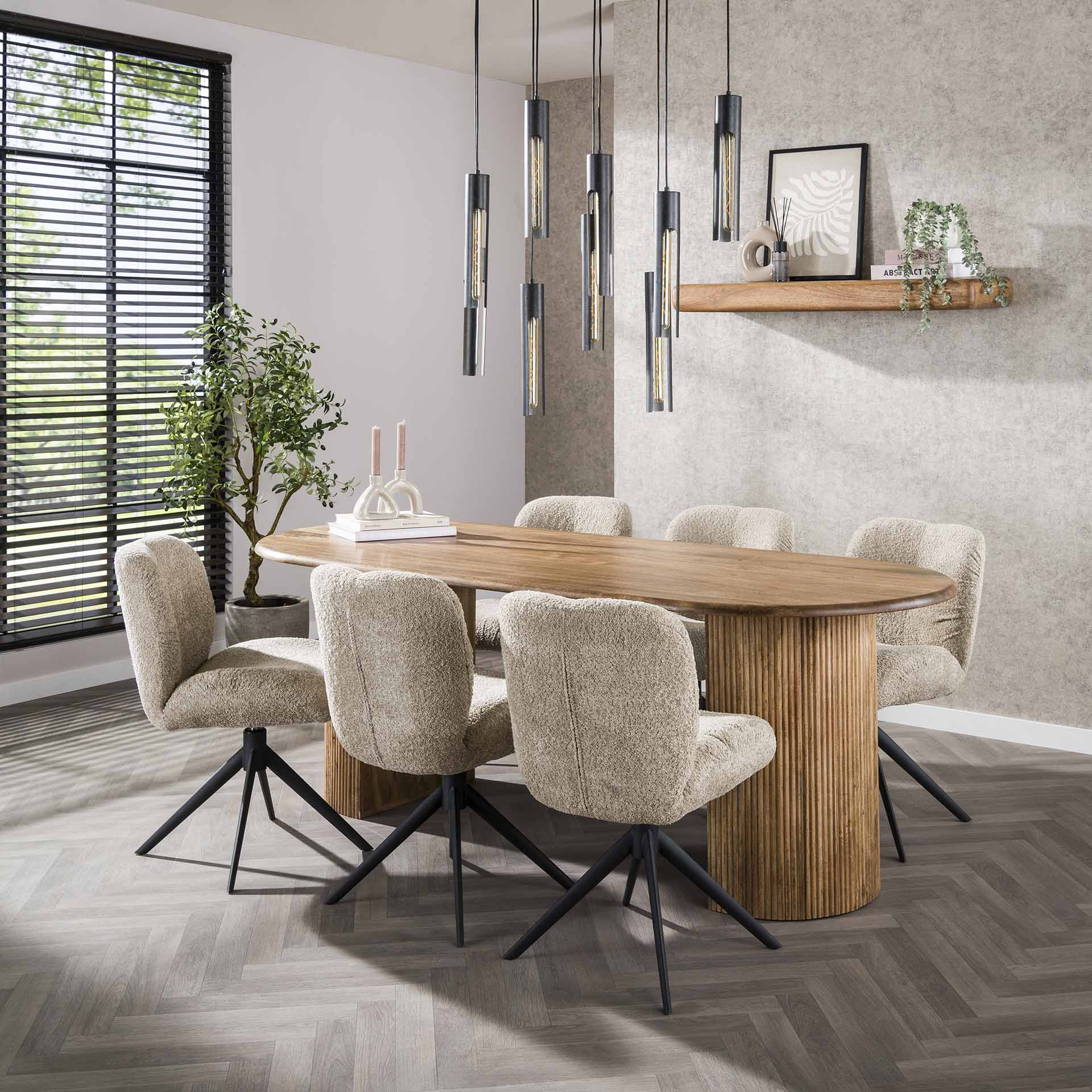 Esstisch Nuvino 215x90x78 cm – sandfarbenes Mangoholz mit Halbmonden & modernem Design