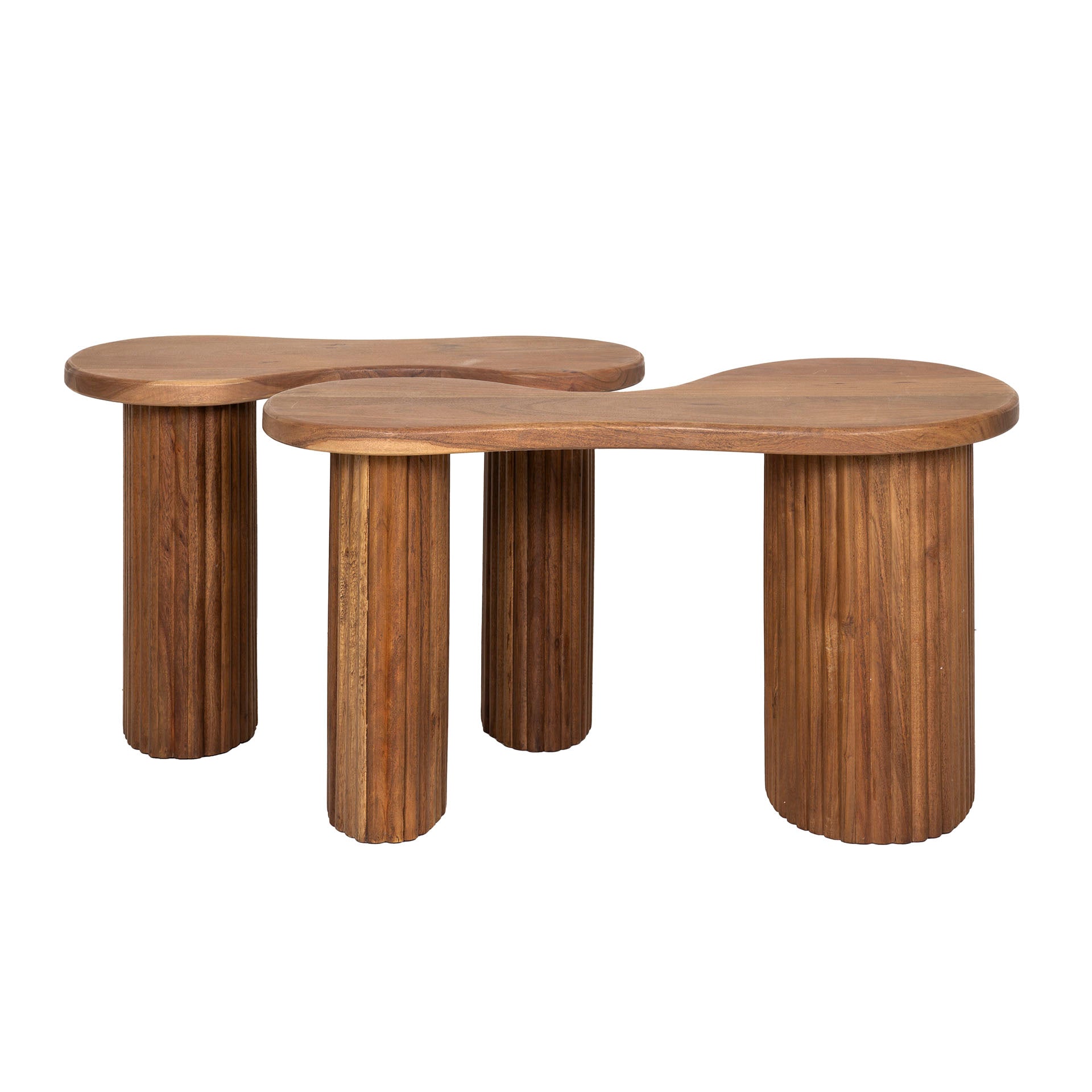Couchtisch 2er Set Campo – organische Formen aus Akazienholz mit gewellten Beinen, 65x34x40,5 cm & 45x80x40,5 cm