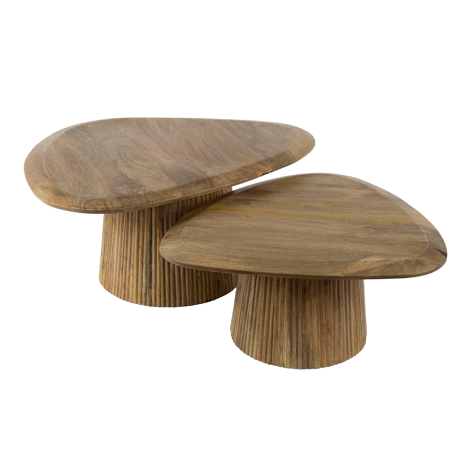 Couchtisch 2er Set Nuvino – dreieckiges Design aus Mangoholz mit Wellenmuster, 93x72x45 cm & 68x76x35 cm