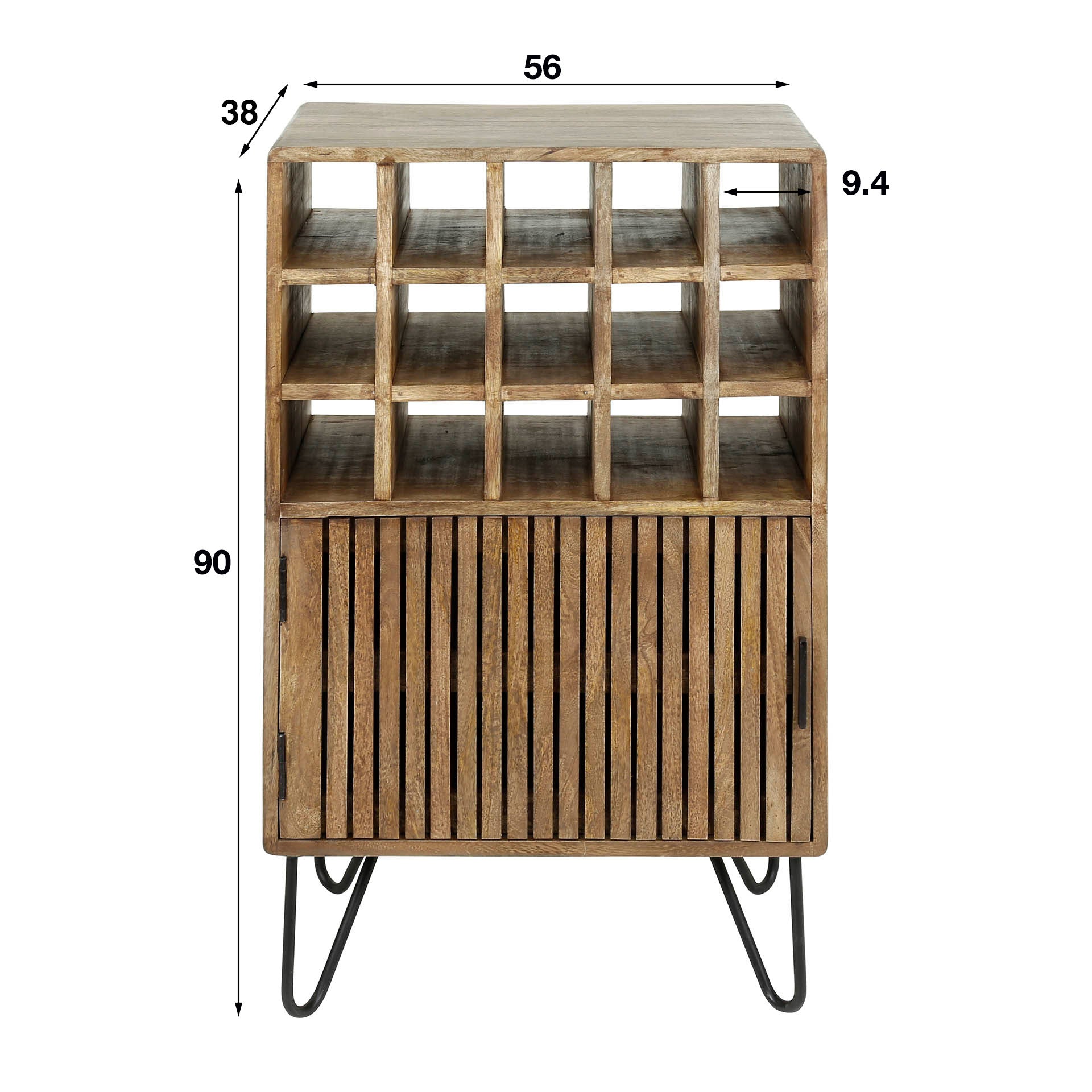 Weinschrank Rotondo – Mango Holz mit Lamellentür & 15 Flaschenfächern, 56x38x90 cm