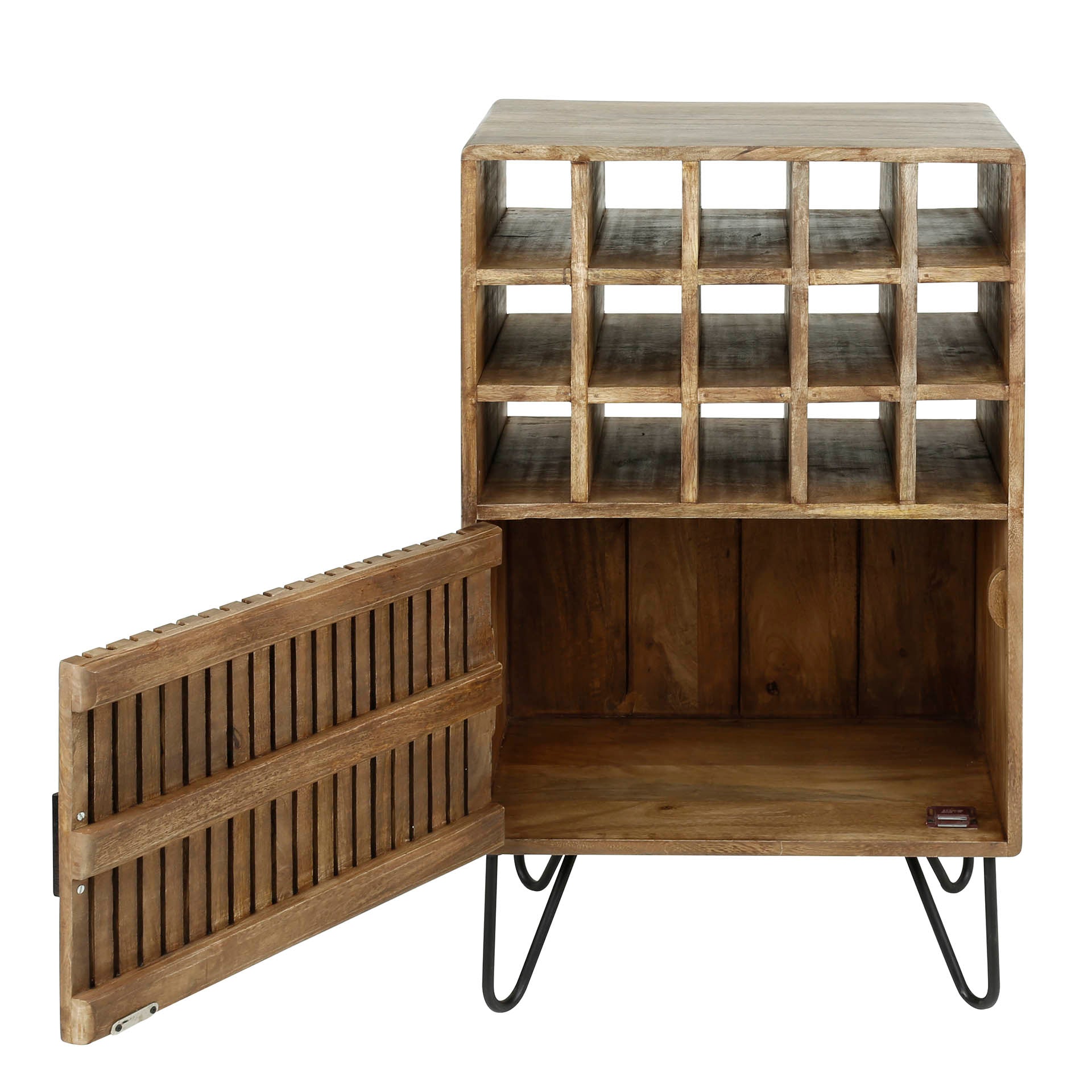 Weinschrank Rotondo – Mango Holz mit Lamellentür & 15 Flaschenfächern, 56x38x90 cm