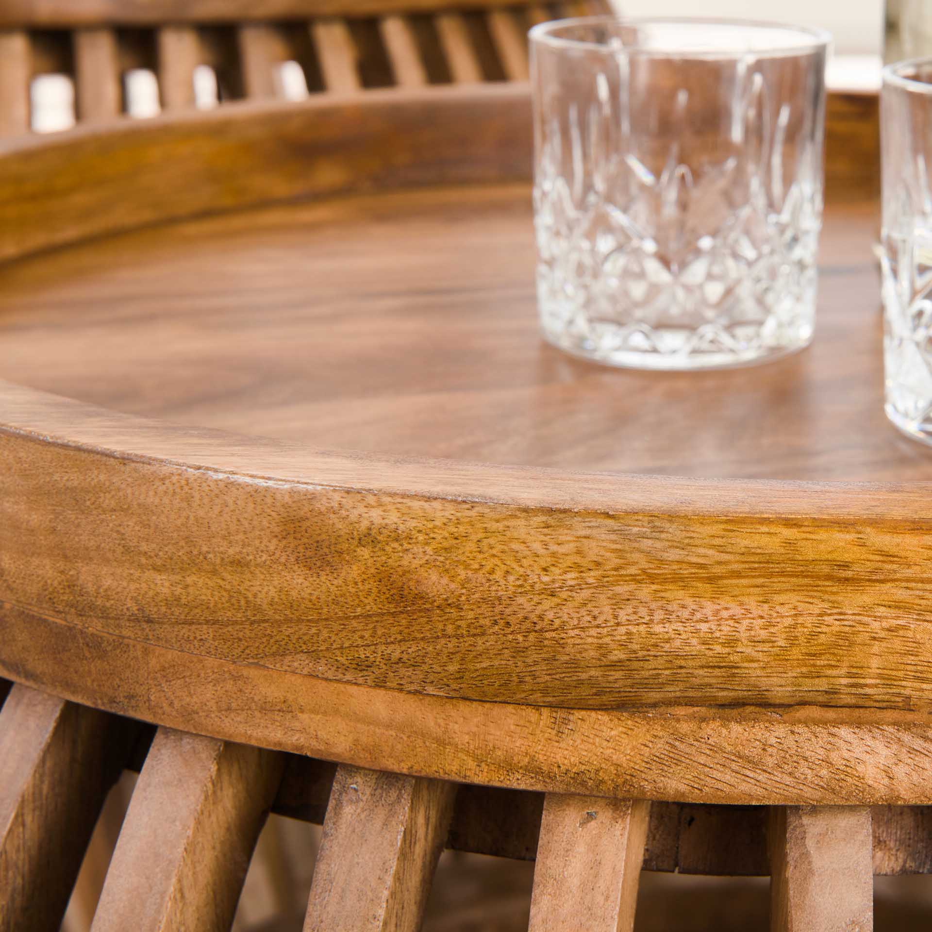 Couchtisch 2er Set Rotondo Curve – rundes Mangoholz-Design mit erhöhter Kante, Ø 78x40 cm & Ø 55x35 cm