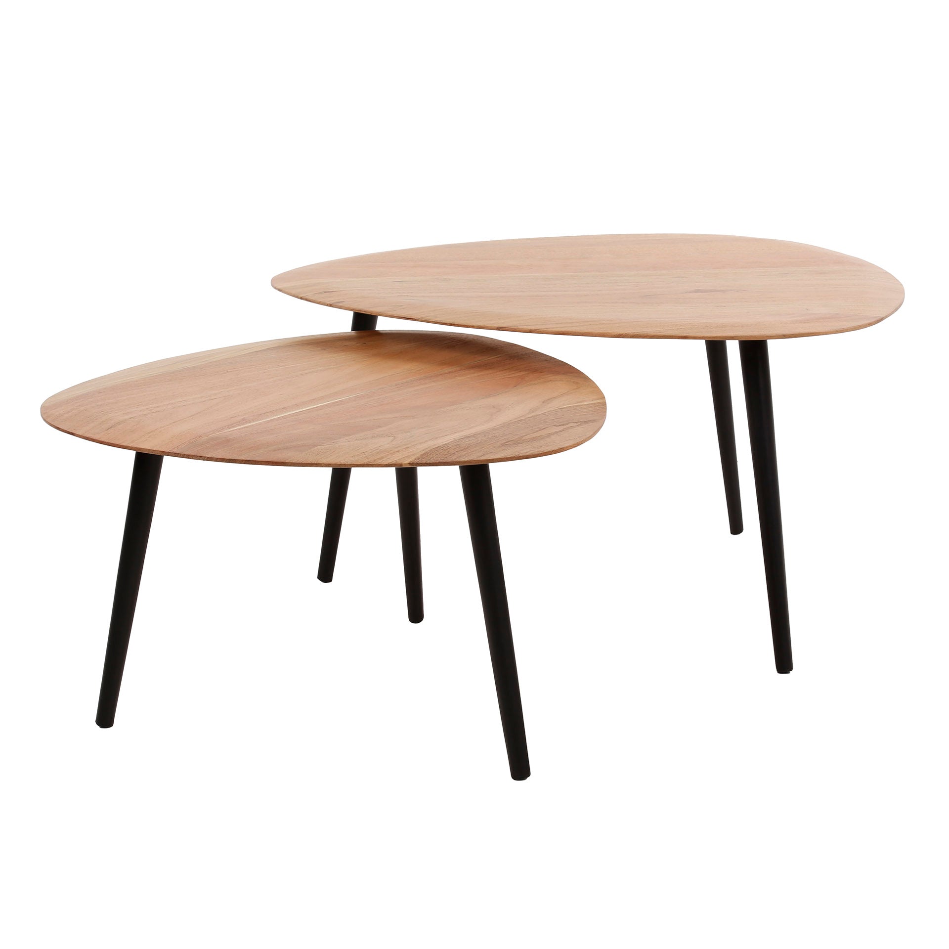 Couchtisch 2er Set Monte – organische Dreiecksform aus Akazienholz & Stahlbeinen, 75x73x40 cm & 63x57x35 cm