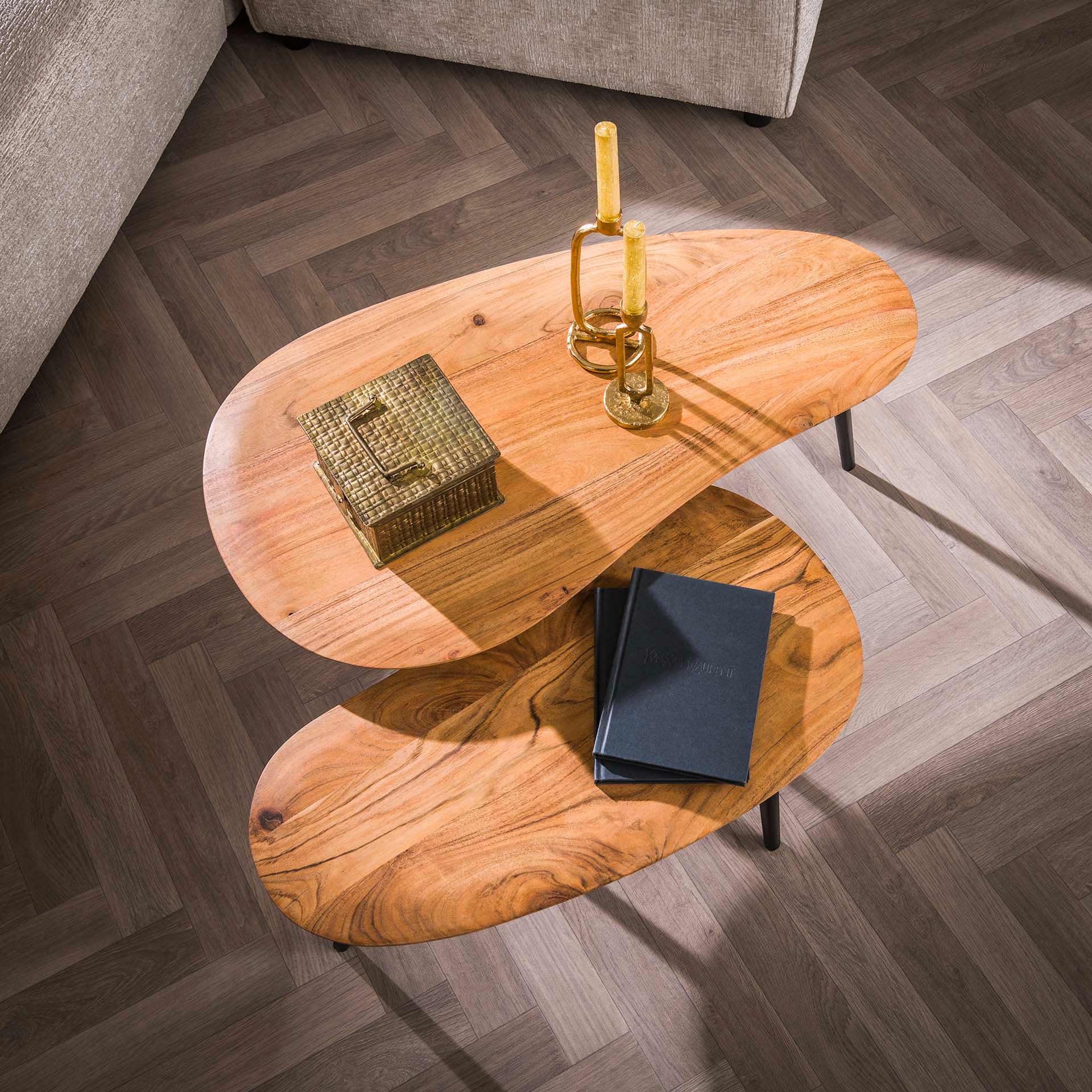 Couchtisch Set Lunado 2-teilig – nierenförmige Akazienholz-Tische mit Stahlbeinen (90x50x40 cm & 75x45x35 cm)
