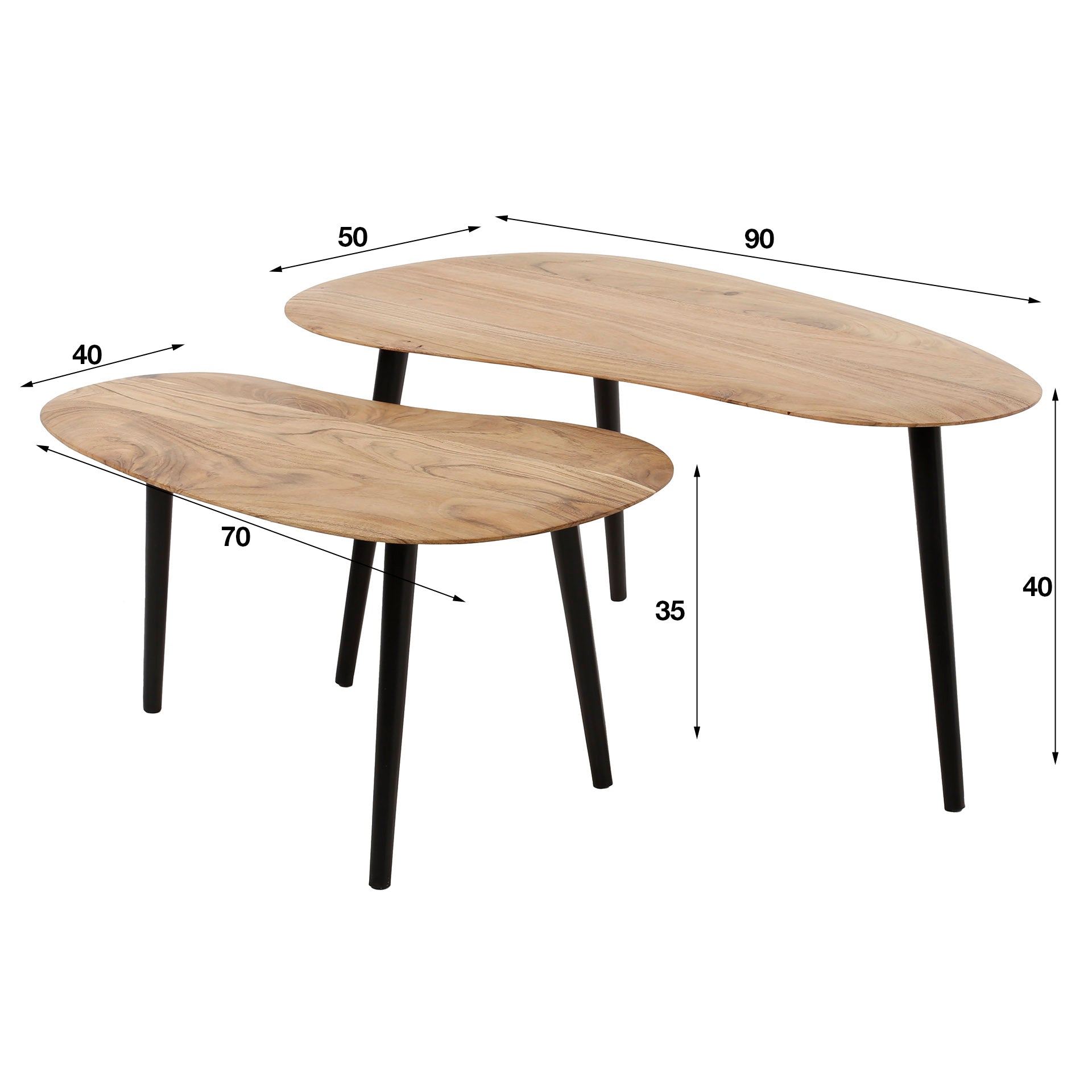 Couchtisch Set Lunado 2-teilig – nierenförmige Akazienholz-Tische mit Stahlbeinen (90x50x40 cm & 75x45x35 cm)