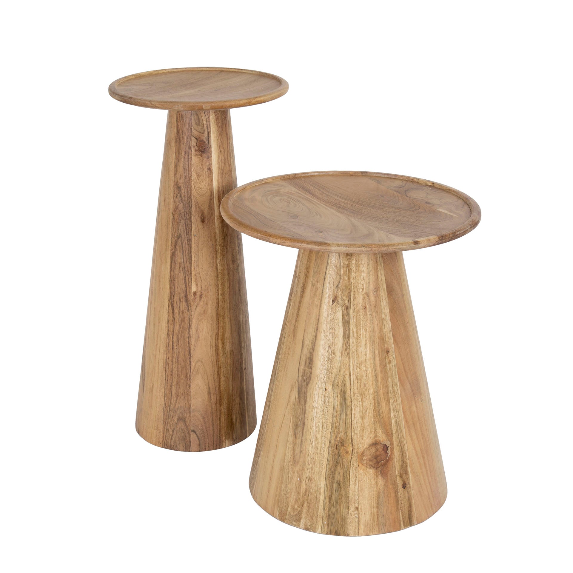 Beistelltisch Set Taverno 2-teilig – Akazienholz mit konischem Design & erhöhter Kante (30x30x60 cm & 30x30x50 cm)