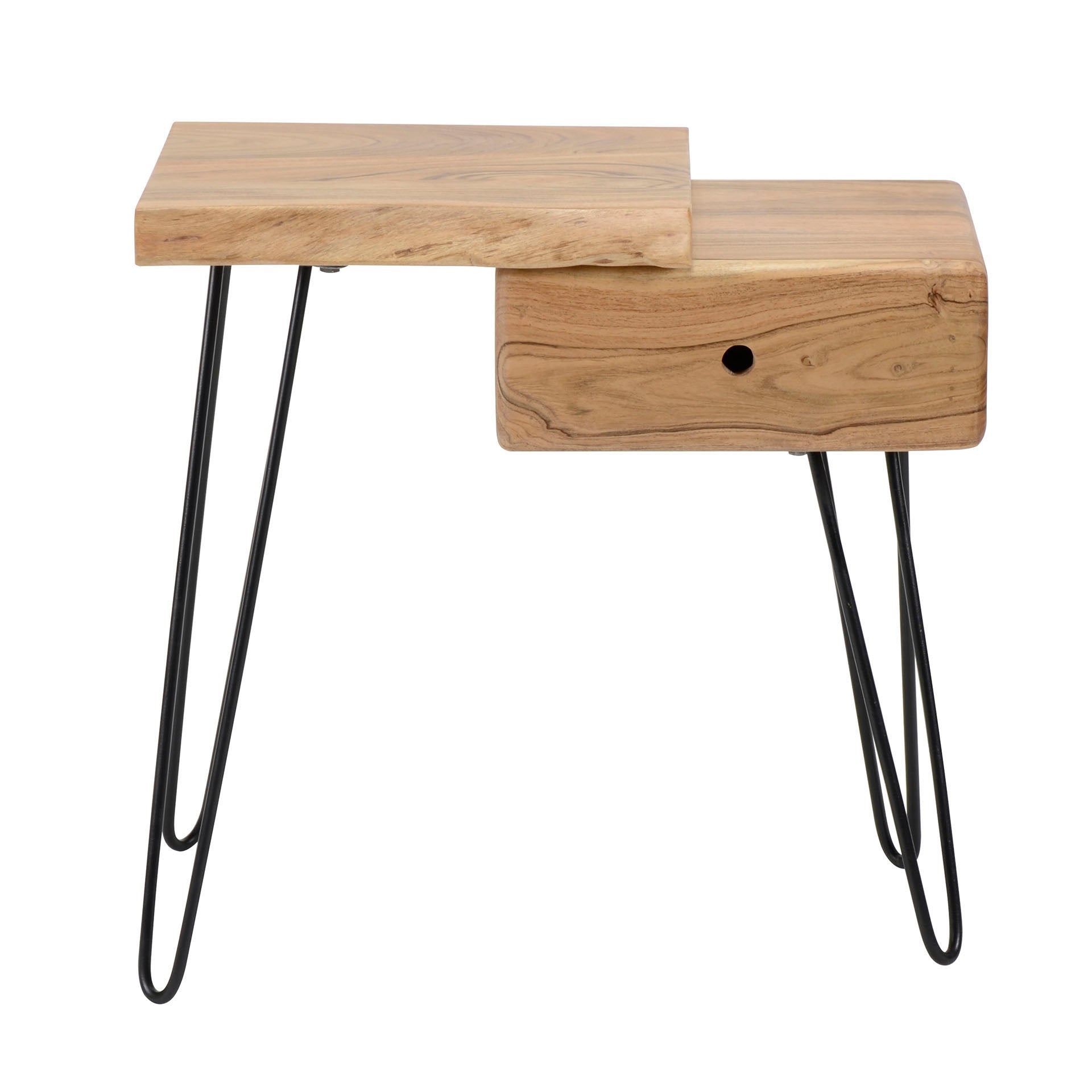 Nachttisch Lignaro Links 60x32x59 cm – Akazienholz mit Baumkante, Schublade & schwarzem Metallgestell