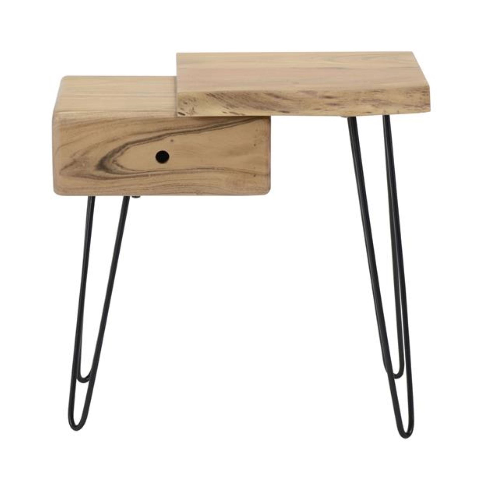 Nachttisch Lignaro Rechts 60x32x59 cm – Akazienholz mit Baumkante, Schublade & schwarzem Metallgestell