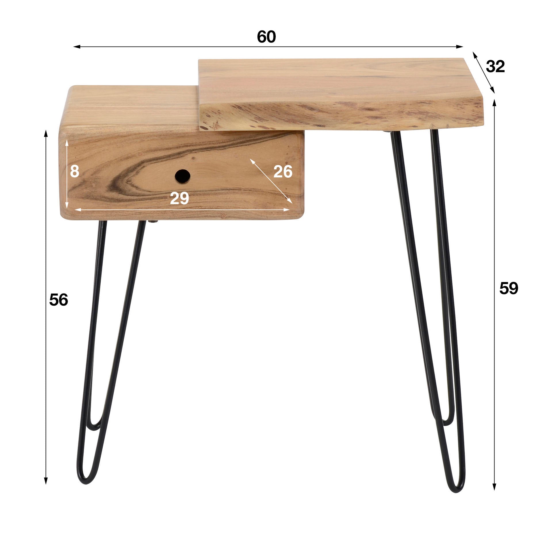 Nachttisch Lignaro Rechts 60x32x59 cm – Akazienholz mit Baumkante, Schublade & schwarzem Metallgestell