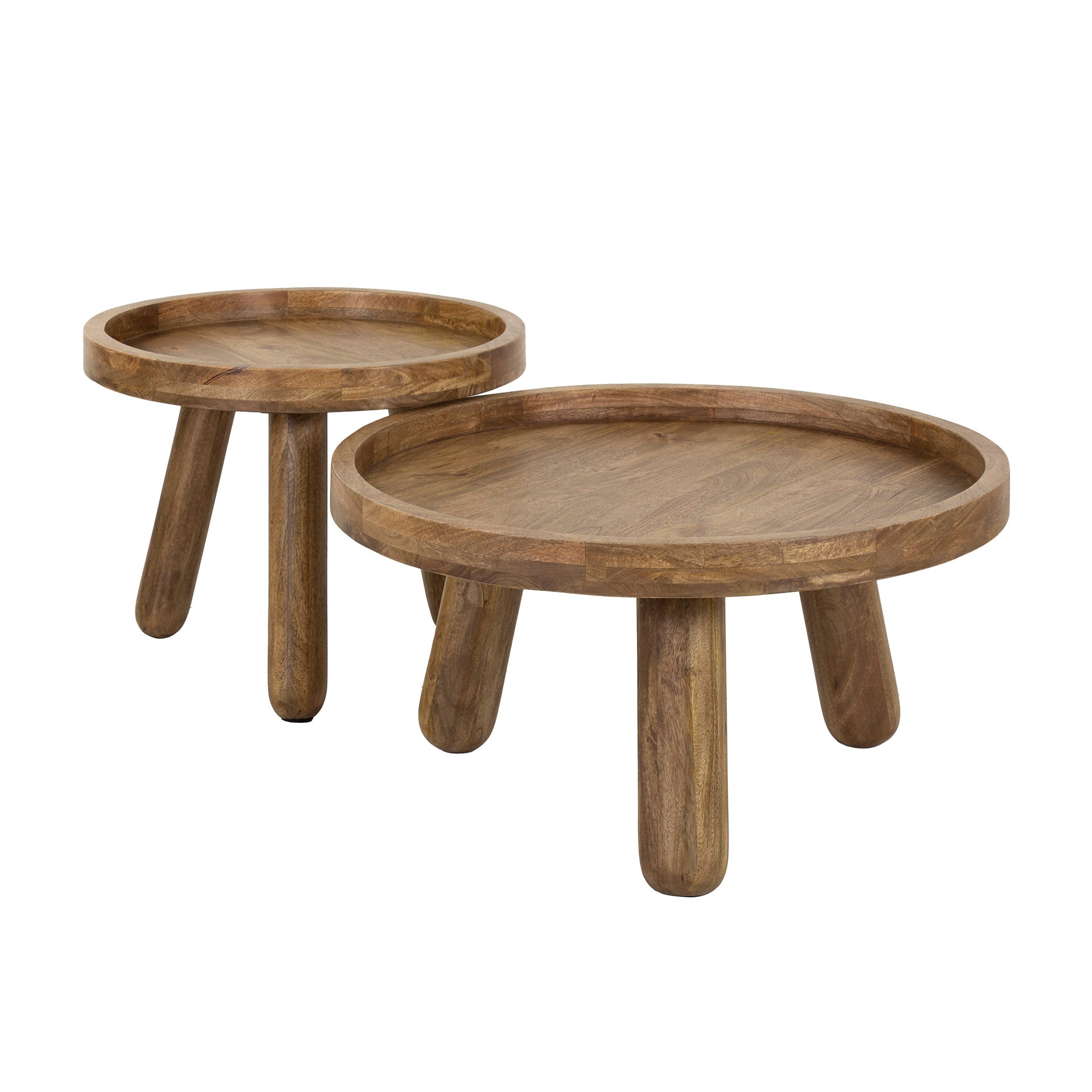 Couchtisch Set/2 Sandaro – runde Mangoholz-Tische mit erhöhtem Rand & sandfarbenem Finish (Ø80x41 cm & Ø60x35 cm)