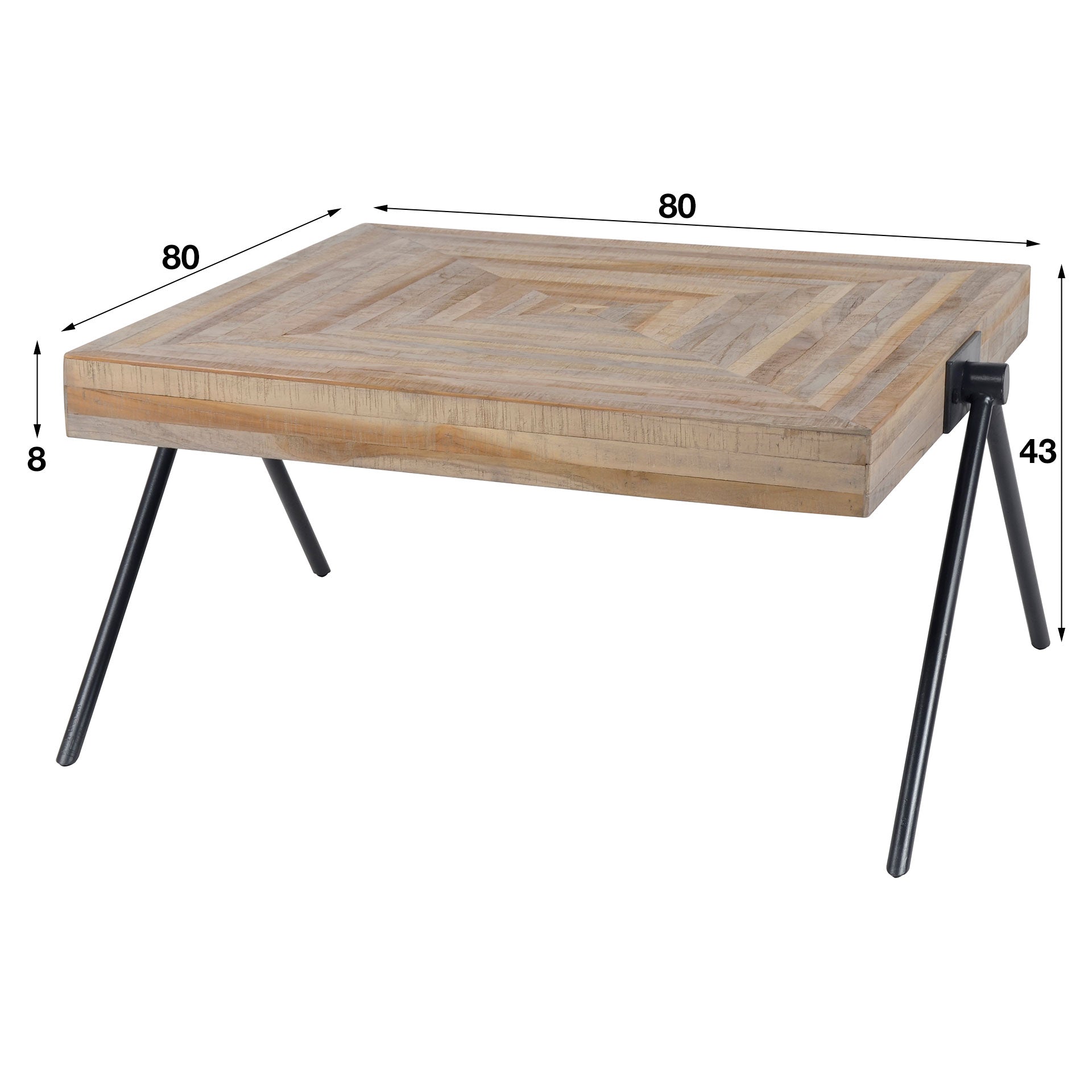 Couchtisch Vista 80x80x43cm – quadratischer Tisch aus Teakholz mit Stahlgestell, moderner Industrial Look