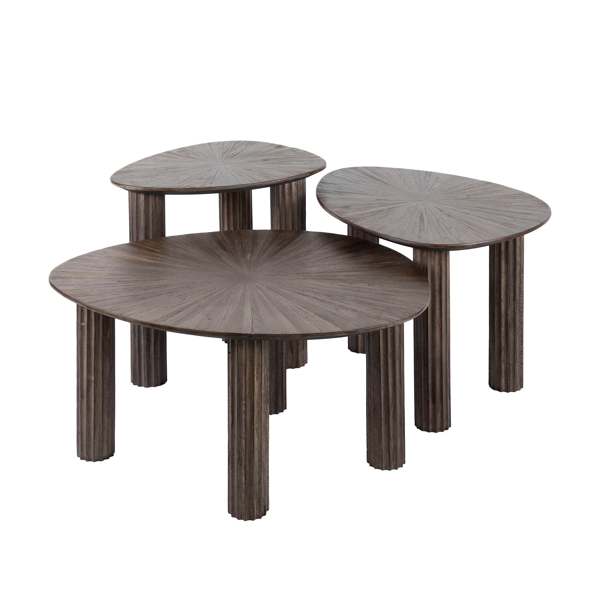Couchtisch Set/3 Tevara – dreieckige Tische aus Teakholz in Dunkelbraun, 76x51x38 cm, 46x61x42 cm & 51x36x47 cm