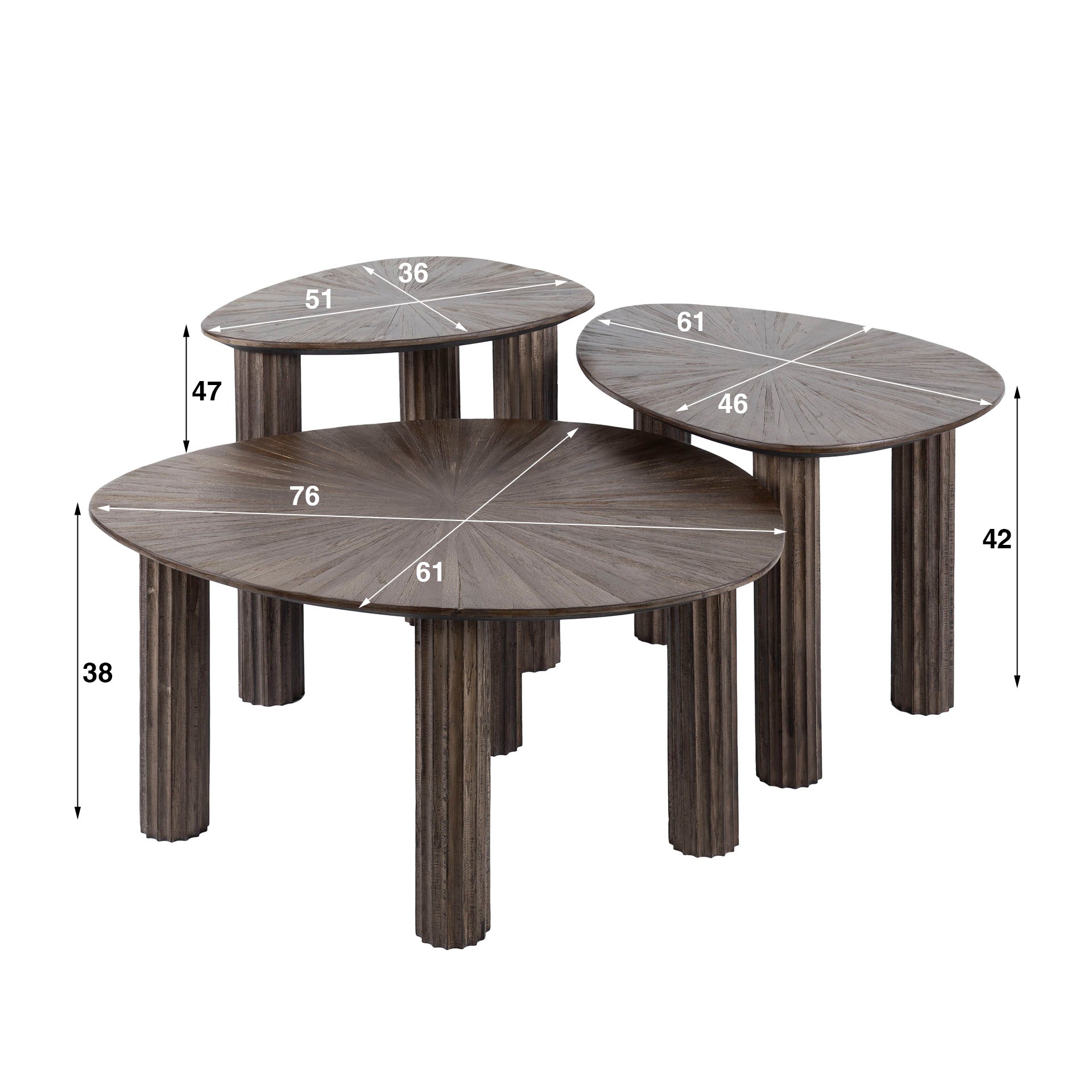 Couchtisch Set/3 Tevara – dreieckige Tische aus Teakholz in Dunkelbraun, 76x51x38 cm, 46x61x42 cm & 51x36x47 cm