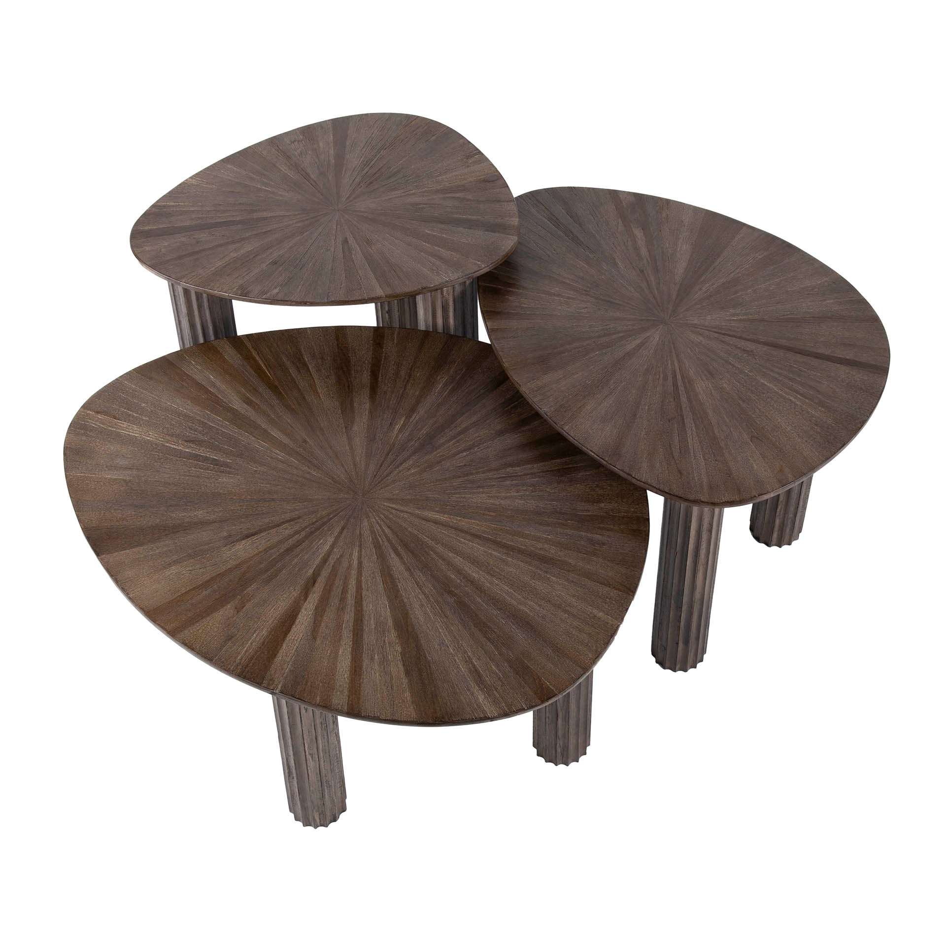 Couchtisch Set/3 Tevara – dreieckige Tische aus Teakholz in Dunkelbraun, 76x51x38 cm, 46x61x42 cm & 51x36x47 cm