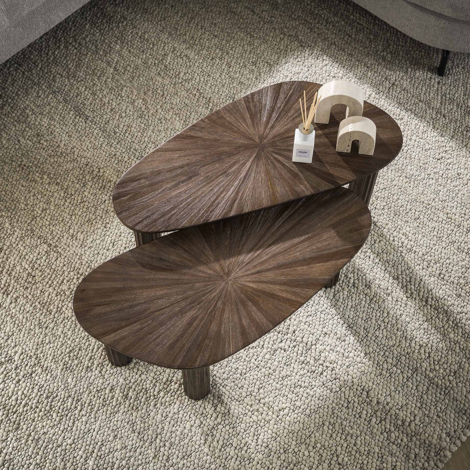 Couchtisch Set/2 Tevara – organische Teakholz-Tische in Dunkelbraun, 84x39x43 cm & 84x39x38 cm