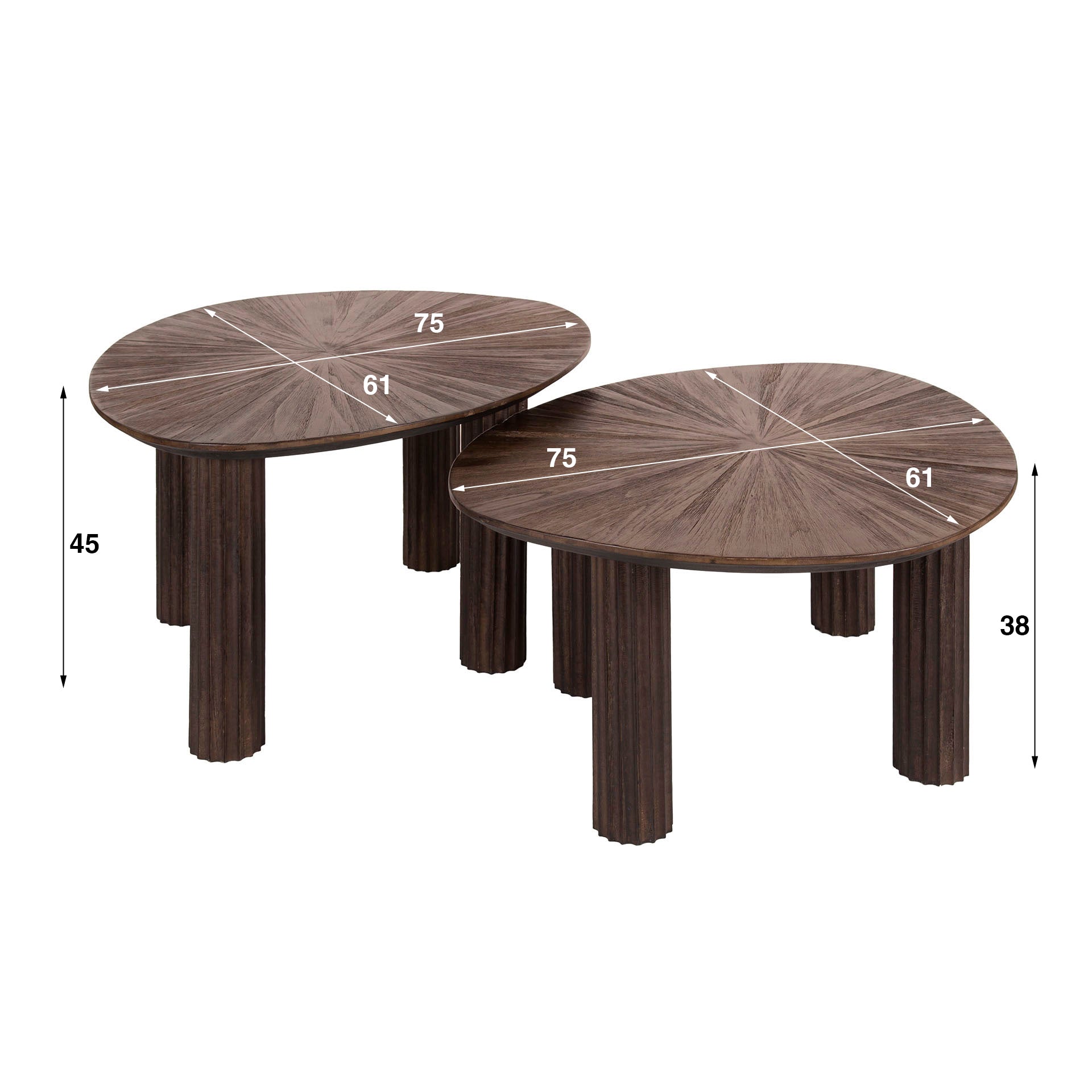 Couchtisch Set/2 Tevara – dreieckige Tische aus massivem Teakholz in Dunkelbraun, 75x61x45 cm & 75x61x38 cm