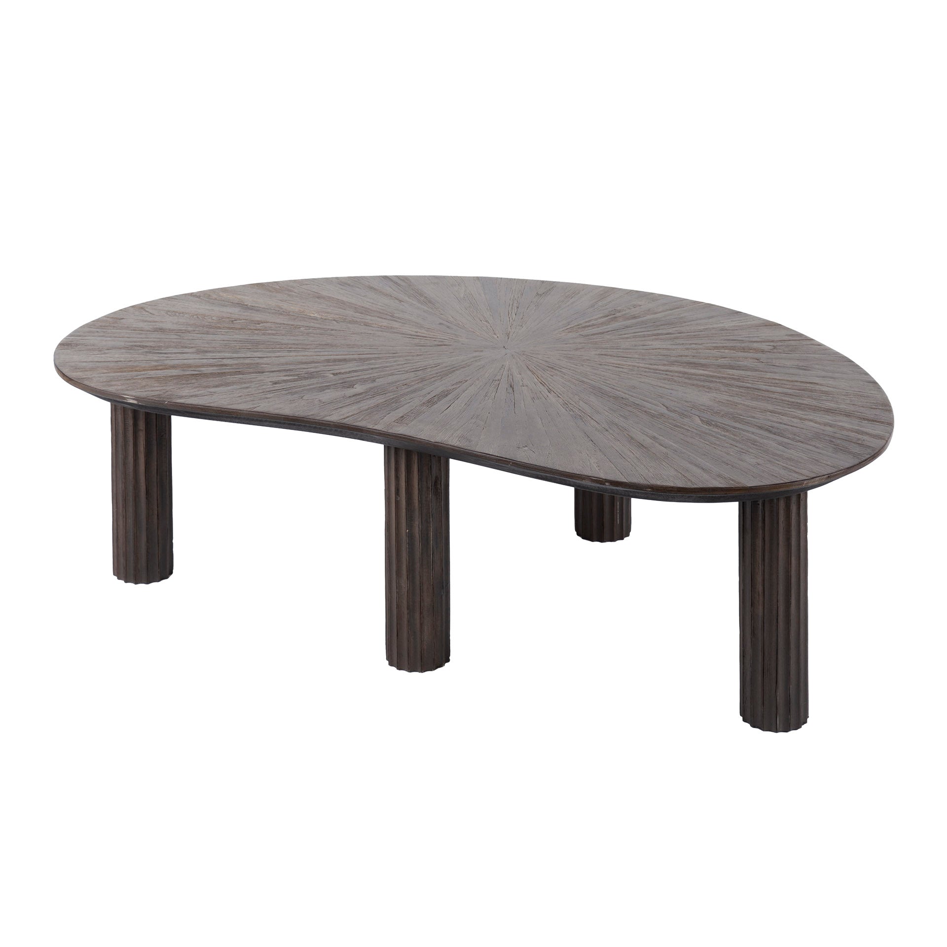 Couchtisch Tevara 110 x 68 x 36 cm – nierenförmiger Tisch aus massivem Teakholz mit Wellenmuster & dunkelbraunem Finish