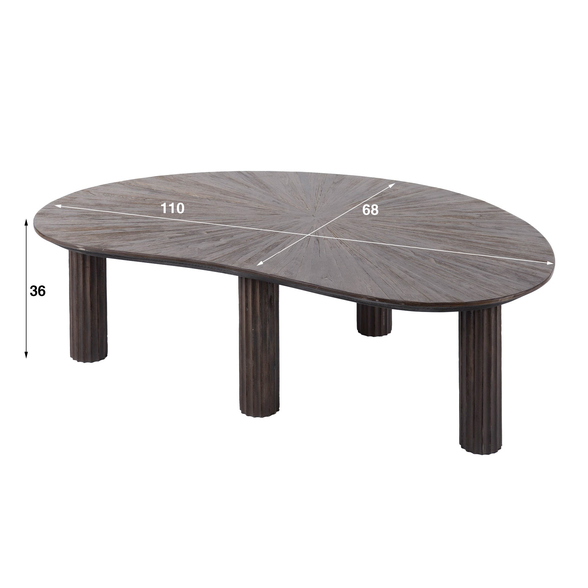 Couchtisch Tevara 110 x 68 x 36 cm – nierenförmiger Tisch aus massivem Teakholz mit Wellenmuster & dunkelbraunem Finish