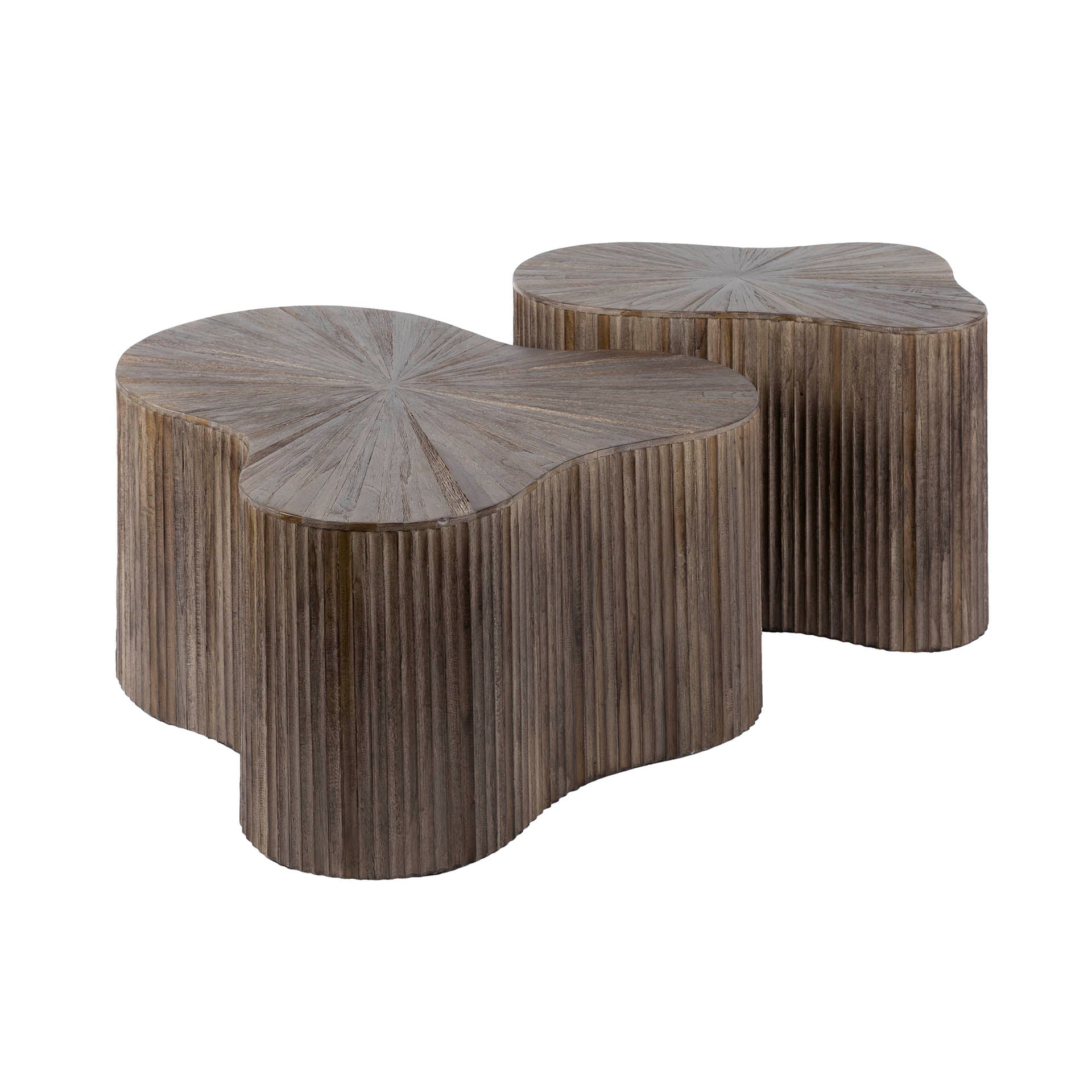 Couchtisch Set/2 Tevara – organische Tische aus massivem Teakholz mit Wellenmuster, dunkelbraun, 77 x 66 x 38 cm & 62 x 37 x 35 cm
