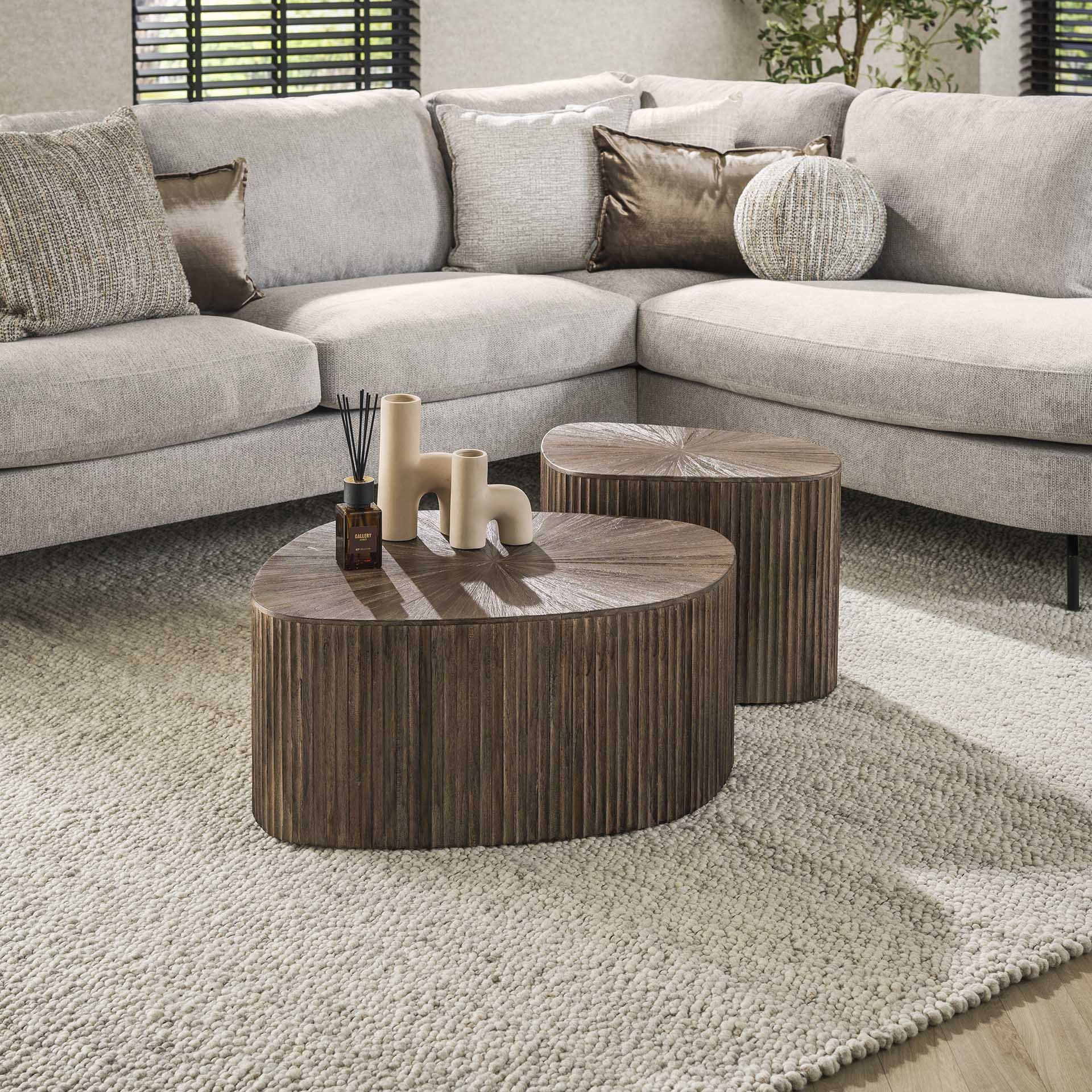 Couchtisch Set/2 Tevara XL – rechteckige Tische aus massivem Teakholz, dunkelbraun, mit Wellenmuster, 73 x 68 x 31 cm