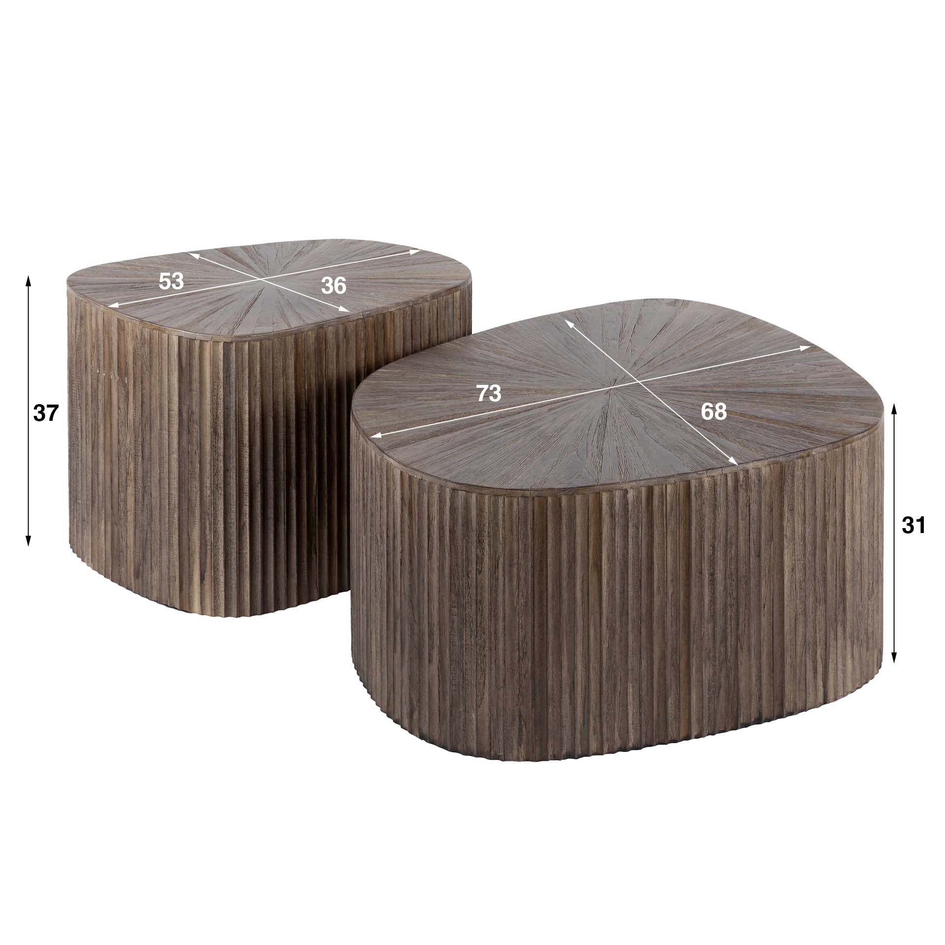 Couchtisch Set/2 Tevara XL – rechteckige Tische aus massivem Teakholz, dunkelbraun, mit Wellenmuster, 73 x 68 x 31 cm