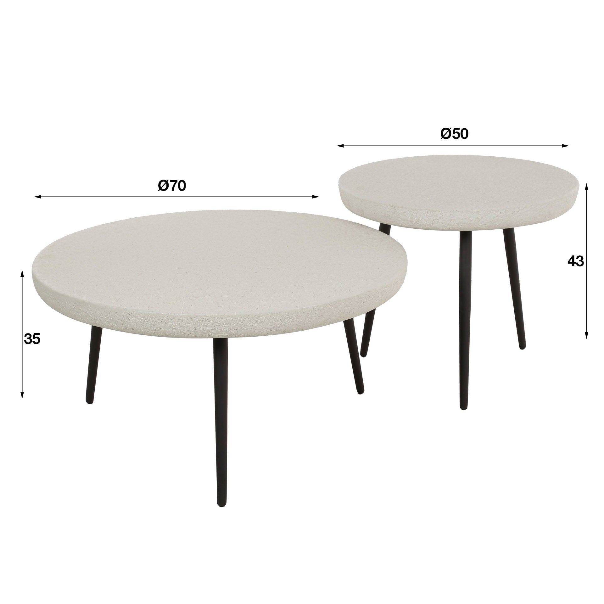 Couchtisch Set/2 Pietra – runde Tische aus Marmorkomposit in Steinoptik mit pulverbeschichtetem Gestell, 70 & 55 cm, modern & elegant
