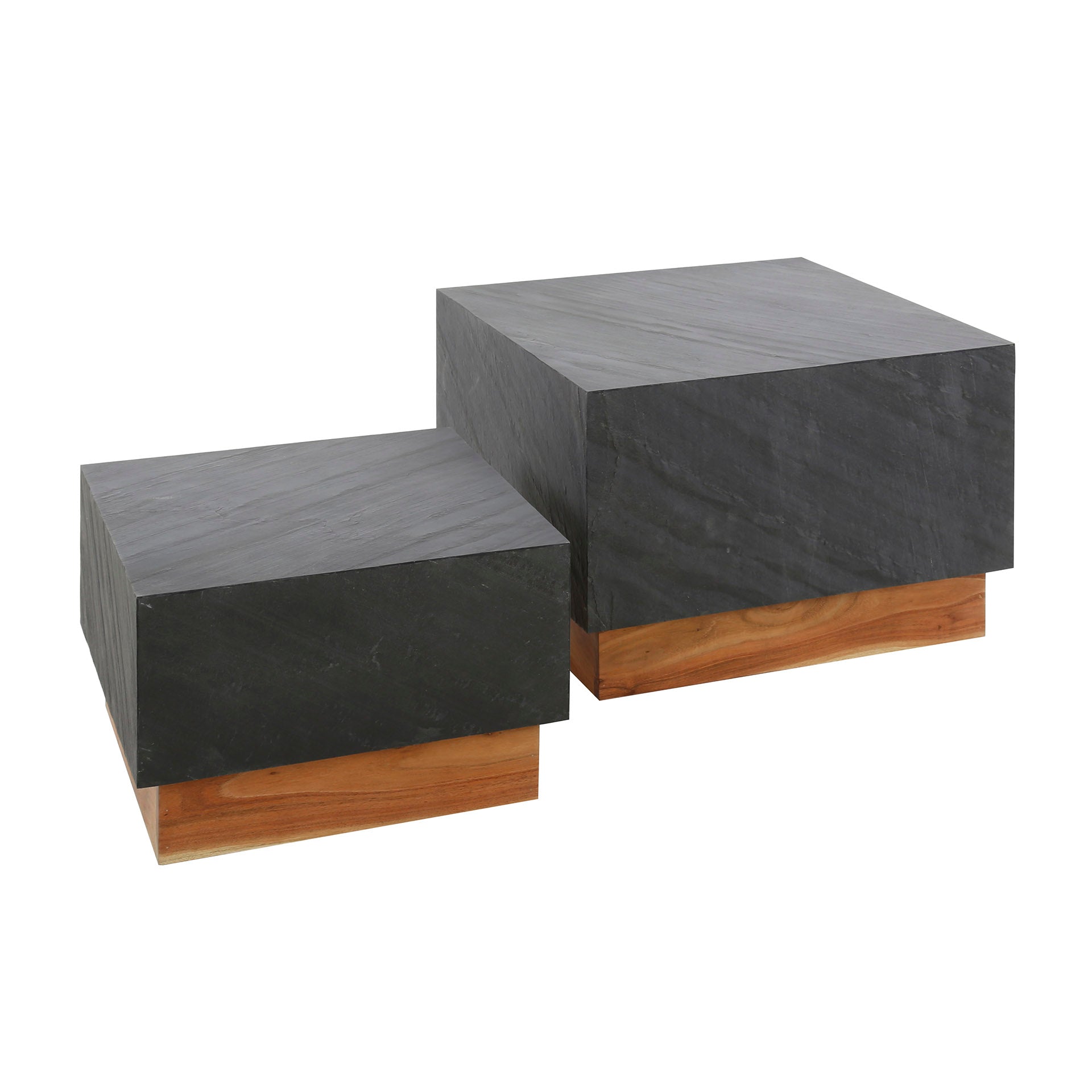 Couchtisch Ardaro – 2er-Set mit Schieferoberfläche & Akazienholz-Sockel, 58 x 58 x 40 cm