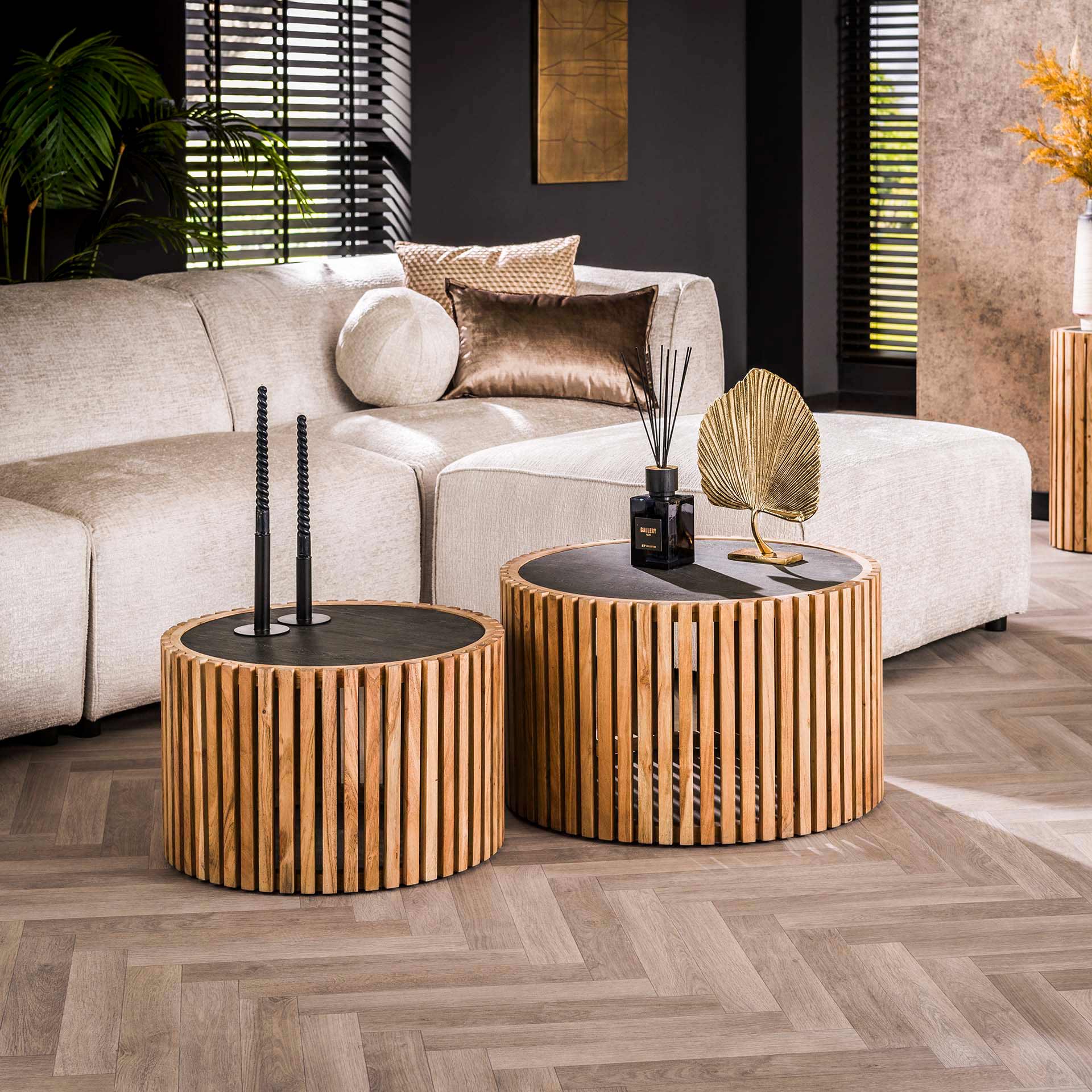 Couchtisch-Set Ardesio Rund (2er) – Schieferoberfläche & Akazienholz-Rahmen, Ø68/55 cm, Höhen 40/35 cm