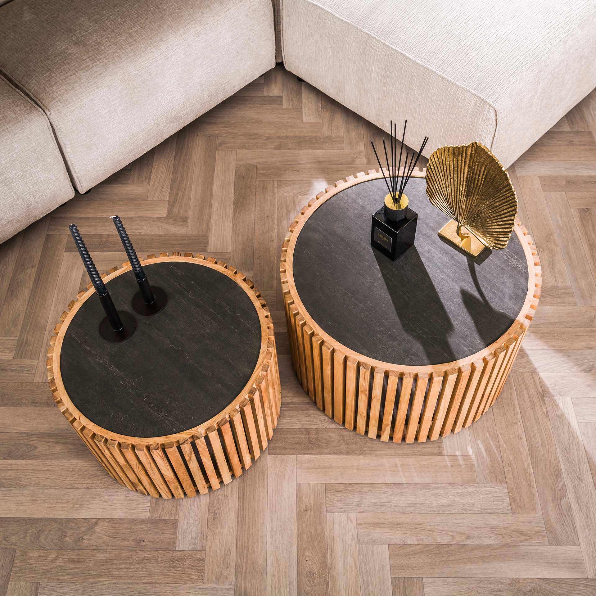 Couchtisch-Set Ardesio Rund (2er) – Schieferoberfläche & Akazienholz-Rahmen, Ø68/55 cm, Höhen 40/35 cm