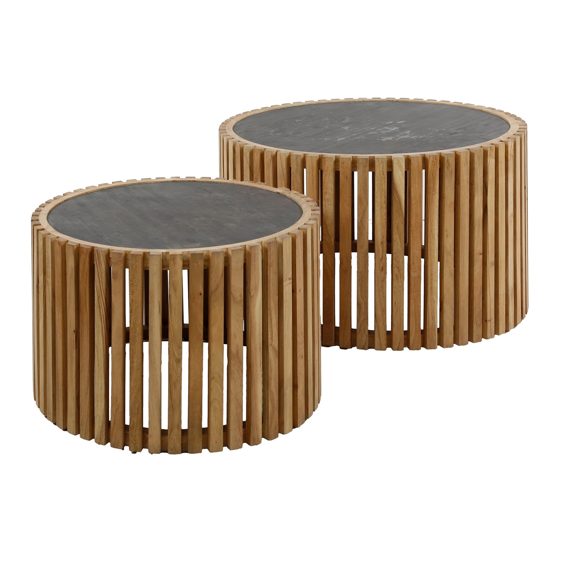 Couchtisch-Set Ardesio Rund (2er) – Schieferoberfläche & Akazienholz-Rahmen, Ø68/55 cm, Höhen 40/35 cm