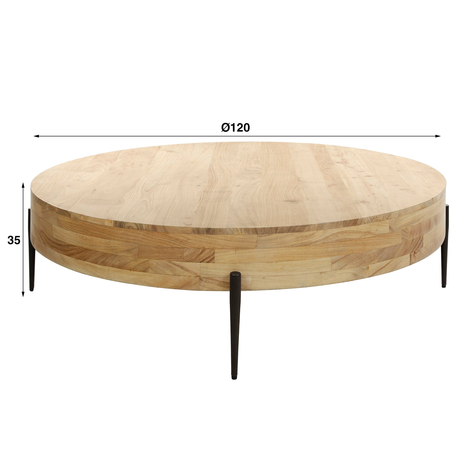 Couchtisch Bulky Ø120 cm – runder Wohnzimmertisch aus massivem Akazienholz mit dunkelgrauen Metallbeinen, 35 cm Höhe