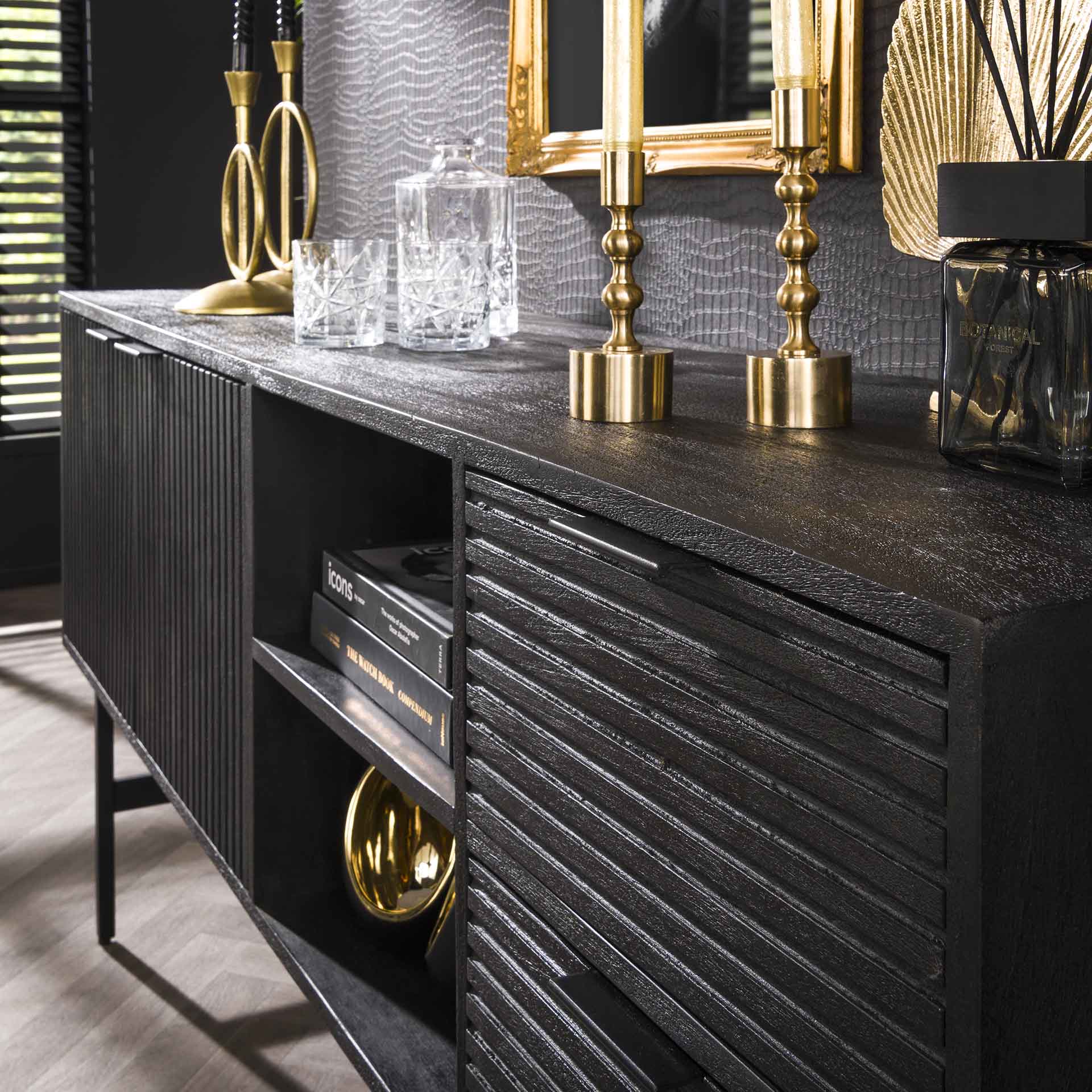Sideboard & Kommode Nerano – Mangoholz Schwarz mit sichtbarer Maserung, 2 Türen, 2 Schubladen, offenes Fach, 170 x 40 x 81 cm