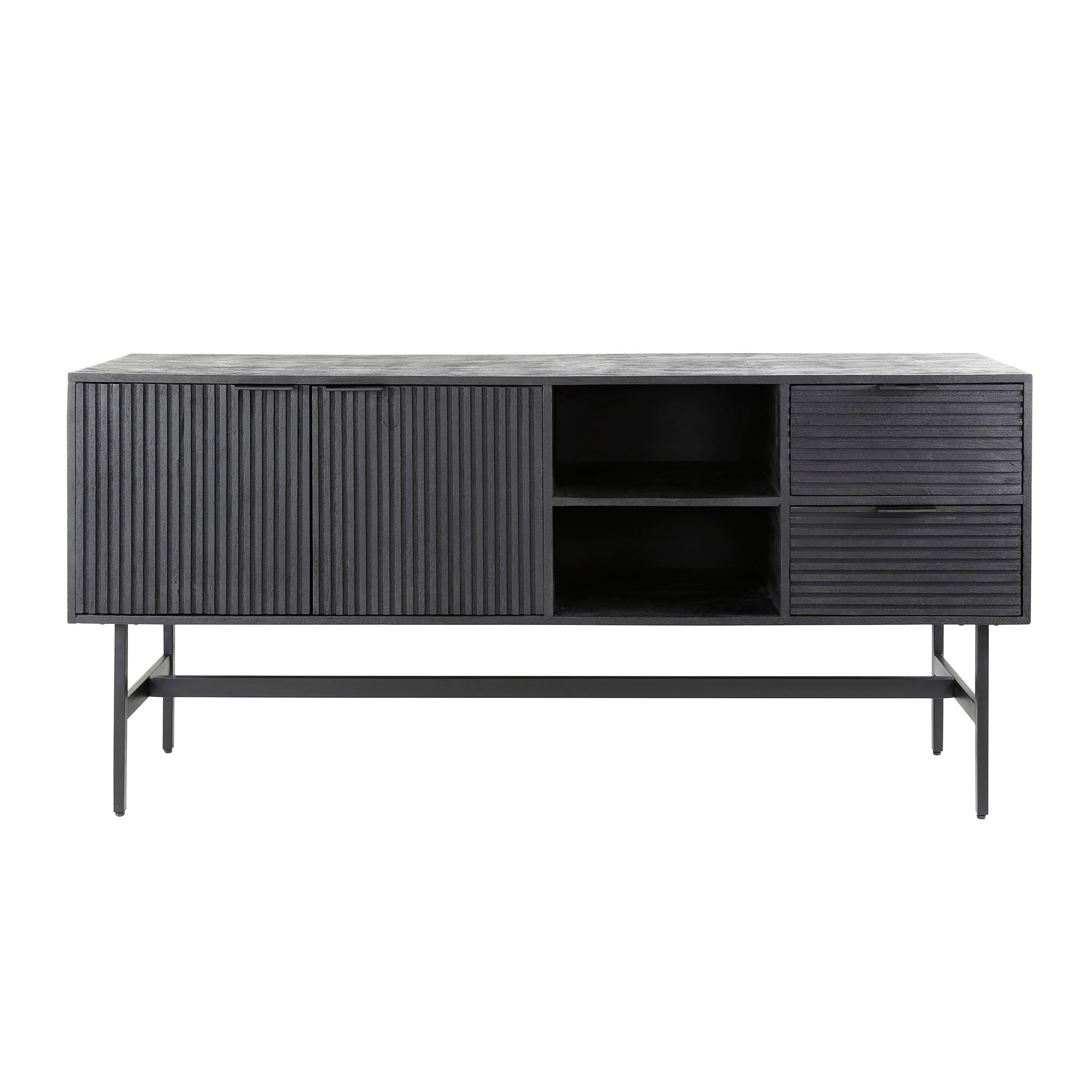 Sideboard & Kommode Nerano – Mangoholz Schwarz mit sichtbarer Maserung, 2 Türen, 2 Schubladen, offenes Fach, 170 x 40 x 81 cm