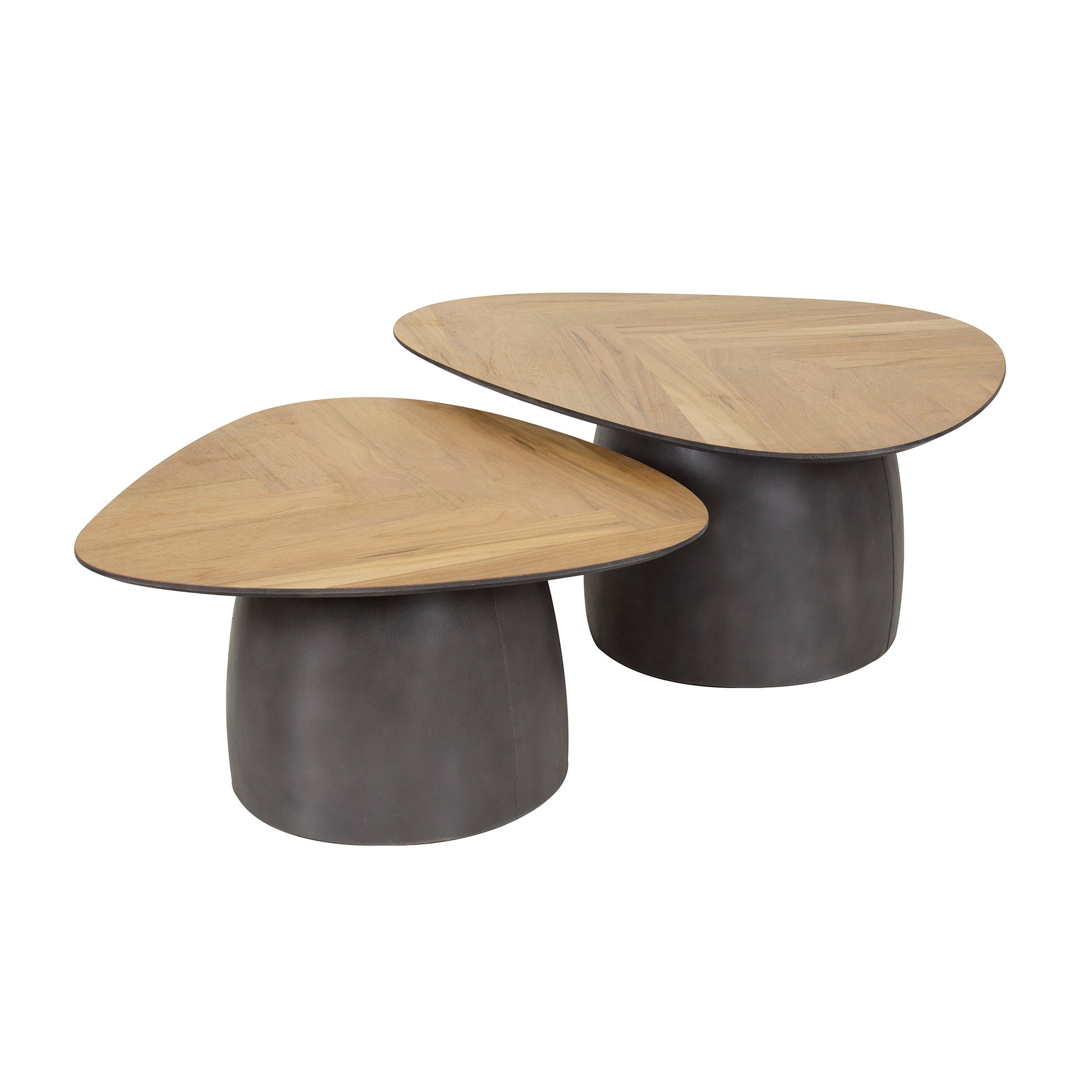 Couchtisch Set/2 Valtero – Tische mit Fischgrätenmuster aus Teakfurnier & schwarzem Metallgestell, modern & elegant