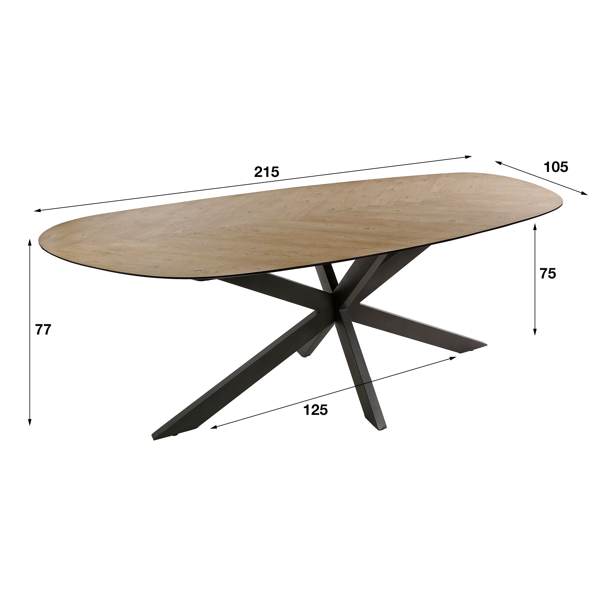 Esstisch Valtero 215x105 cm – organischer Esszimmertisch mit Fischgrätenmuster aus Teakfurnier & Spinnengestell aus Stahl