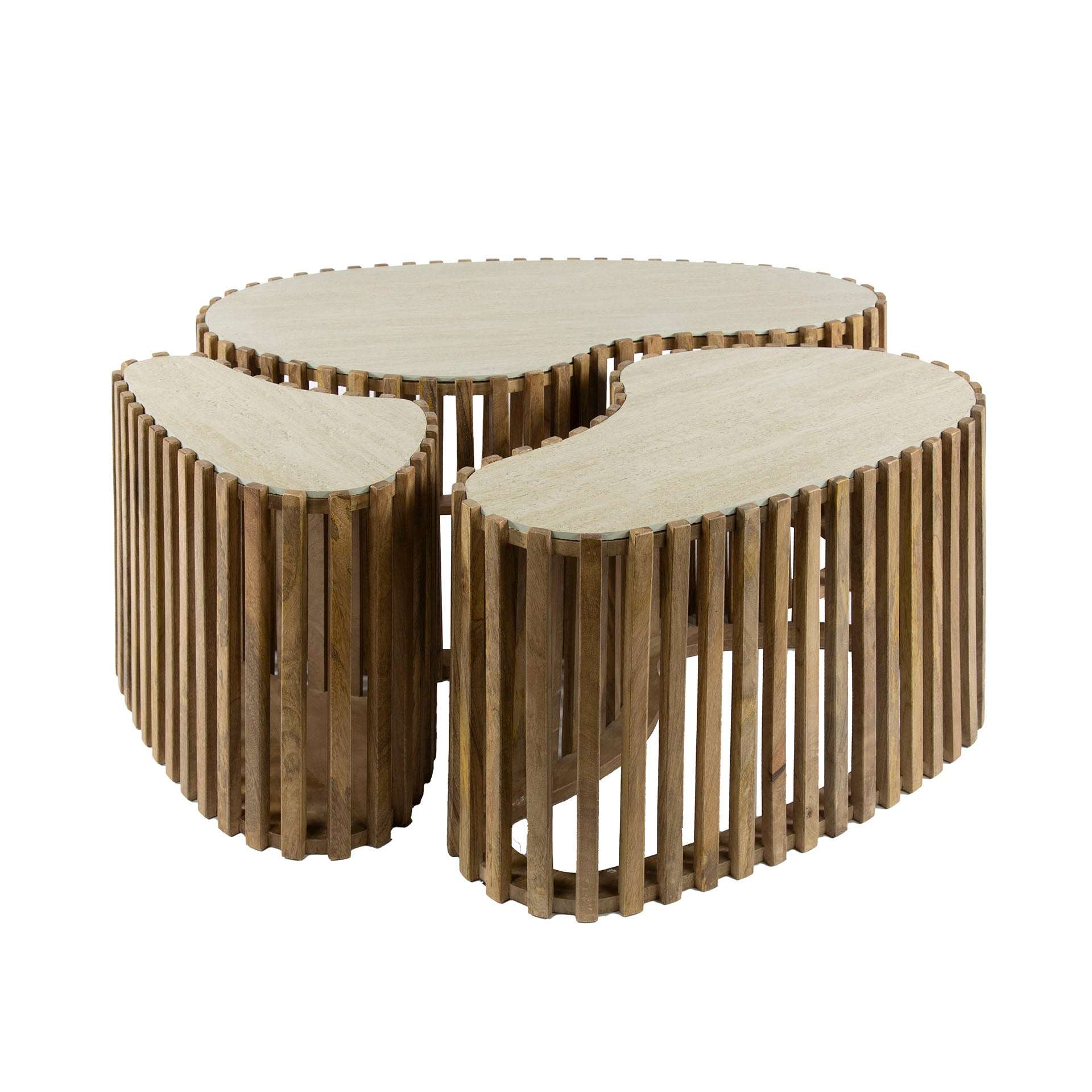 Couchtisch Set/3 Halvar – nierenförmige Tische aus Mangoholz mit Keramikplatten in Travertin-Optik, modern & elegant
