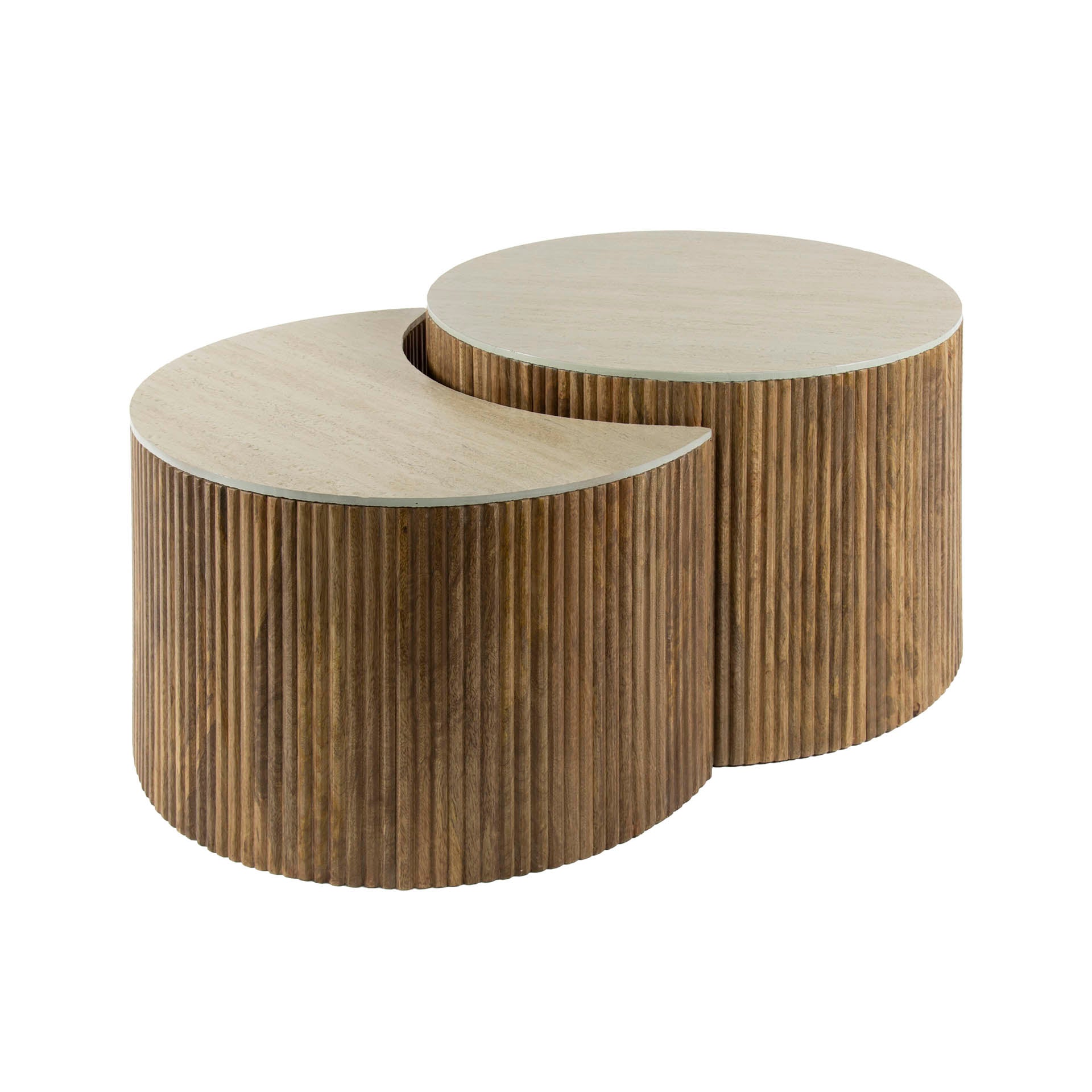 Couchtisch Set/2 Halvar – halbrunde Tische aus Mangoholz mit Keramikplatte in Travertin-Optik, 60 x 40 cm