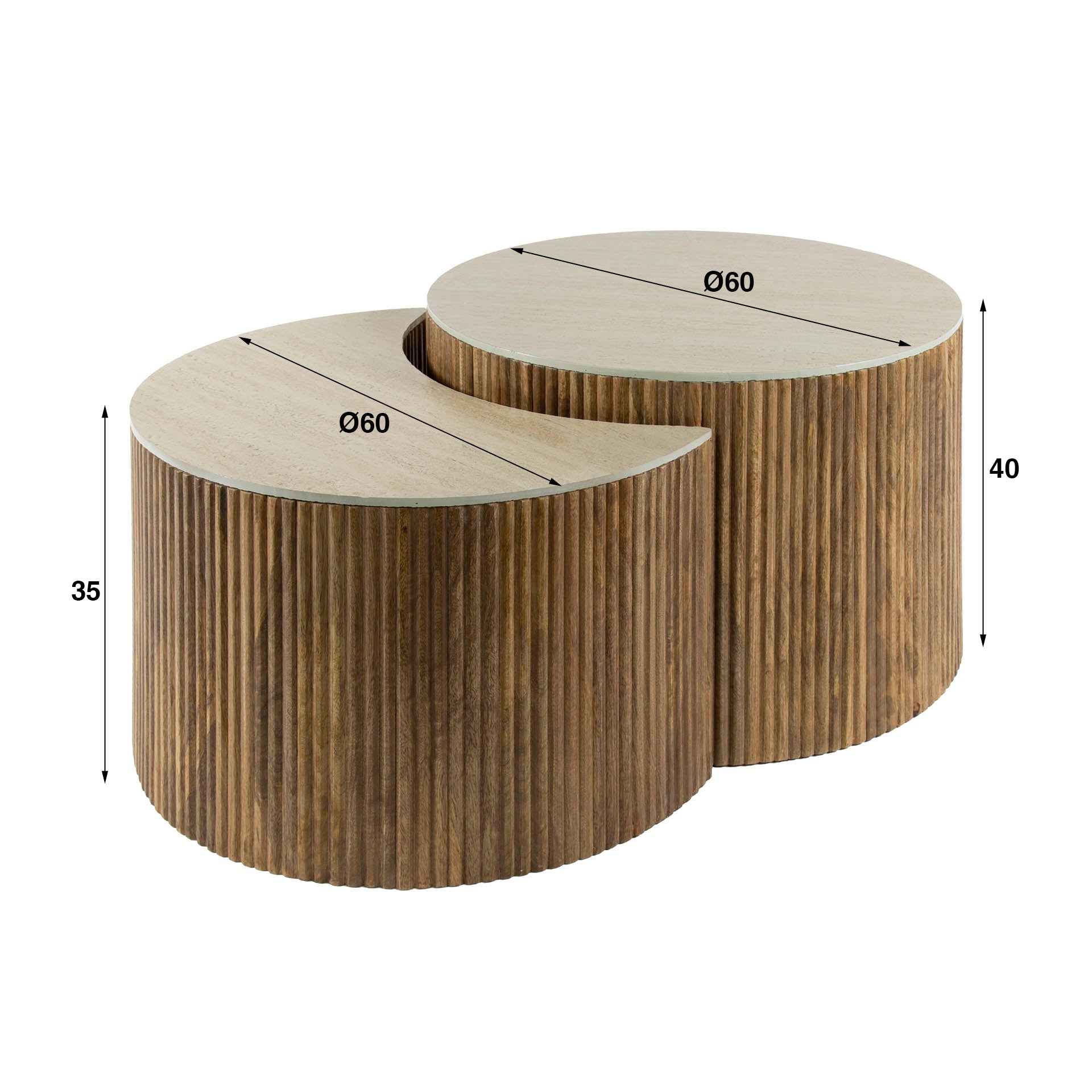 Couchtisch Set/2 Halvar – halbrunde Tische aus Mangoholz mit Keramikplatte in Travertin-Optik, 60 x 40 cm