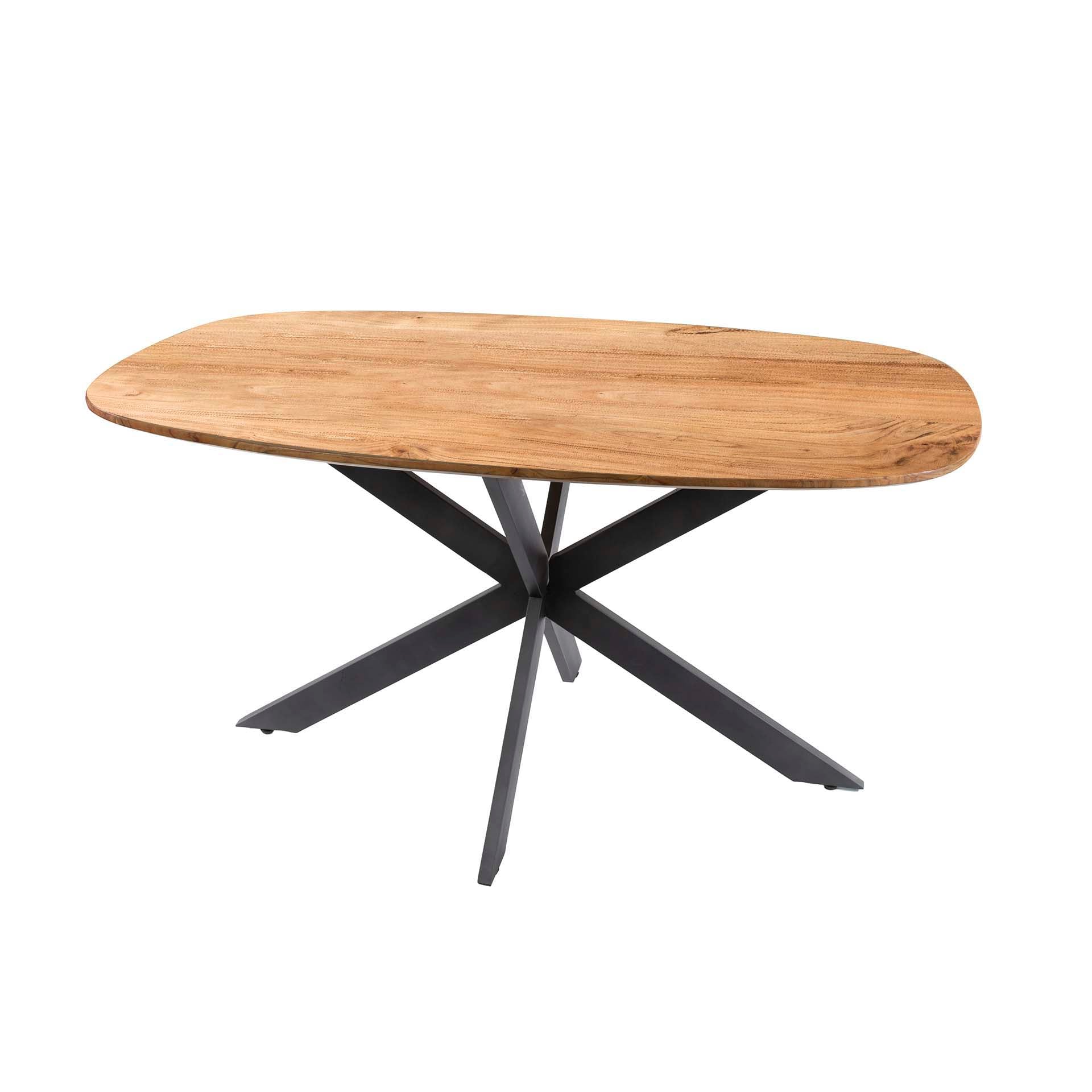 Esstisch Norvan 150 x 90 cm – ovaler Tisch aus massivem Akazienholz mit schwarzem Spinnengestell, natur lackiert