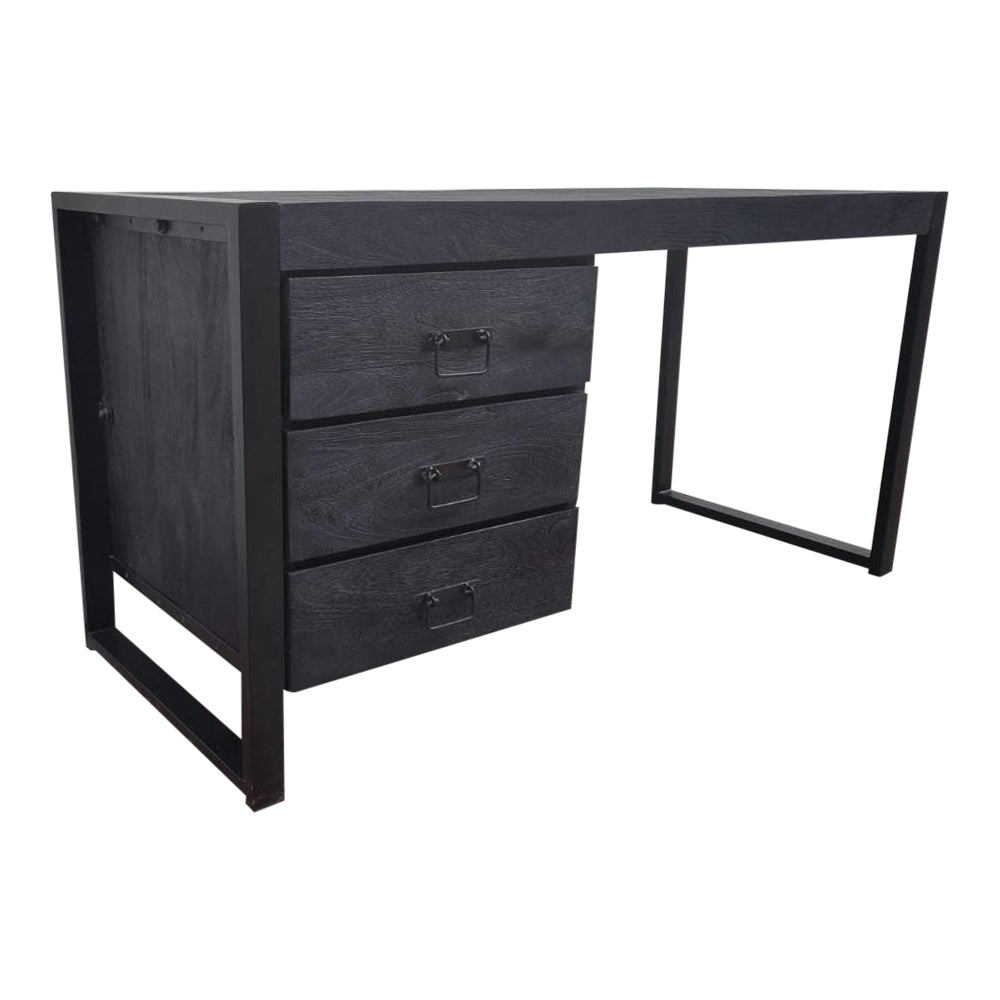 Schreibtisch Bori Schwarz – Mangoholz & Metall, 145 x 58 x 74 cm, 3 Schubladen, modernes Home-Office Design