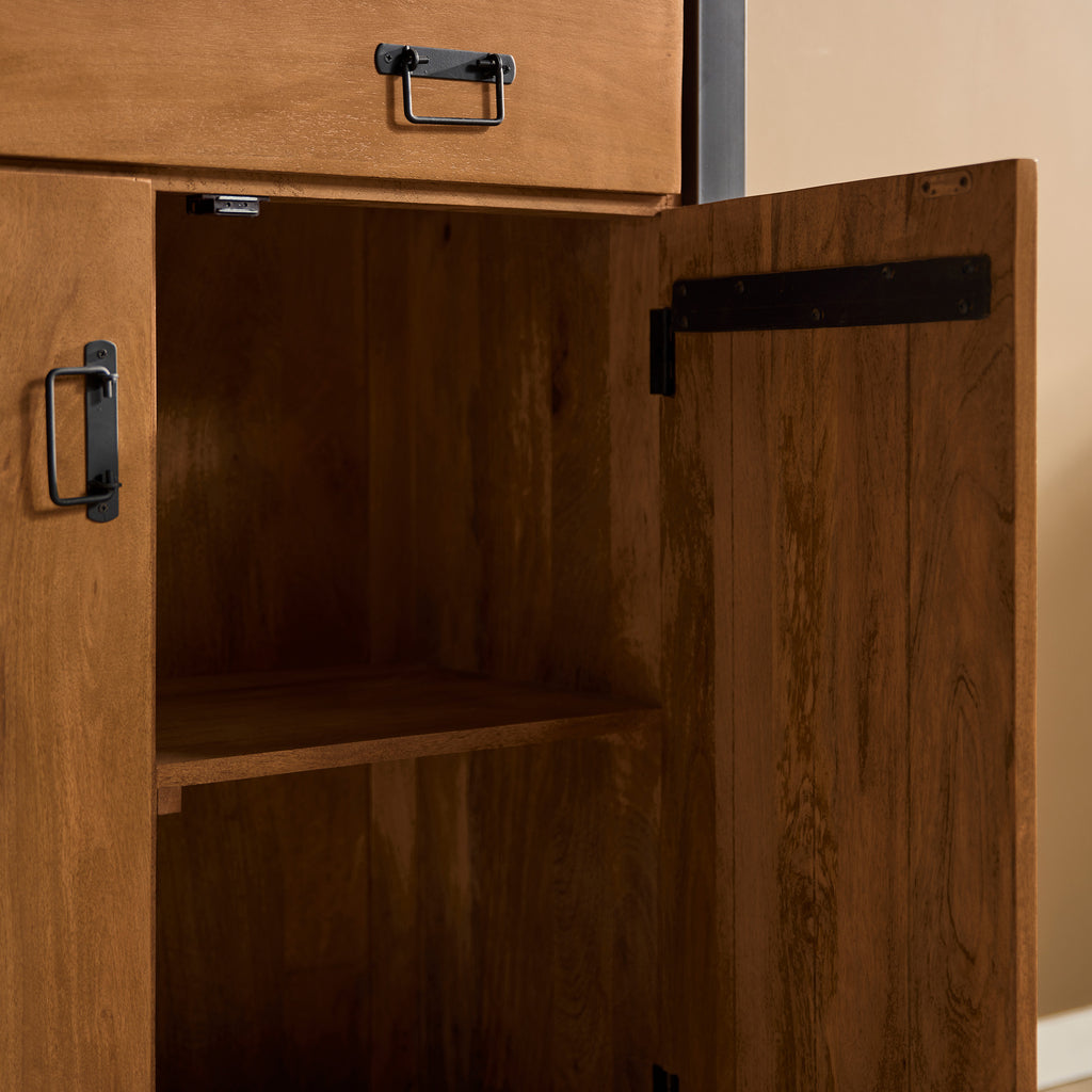 Schrank Bori – Mangoholzschrank 100×40×115 cm mit 2 Türen & 1 Schublade, Metallrahmen Schwarz