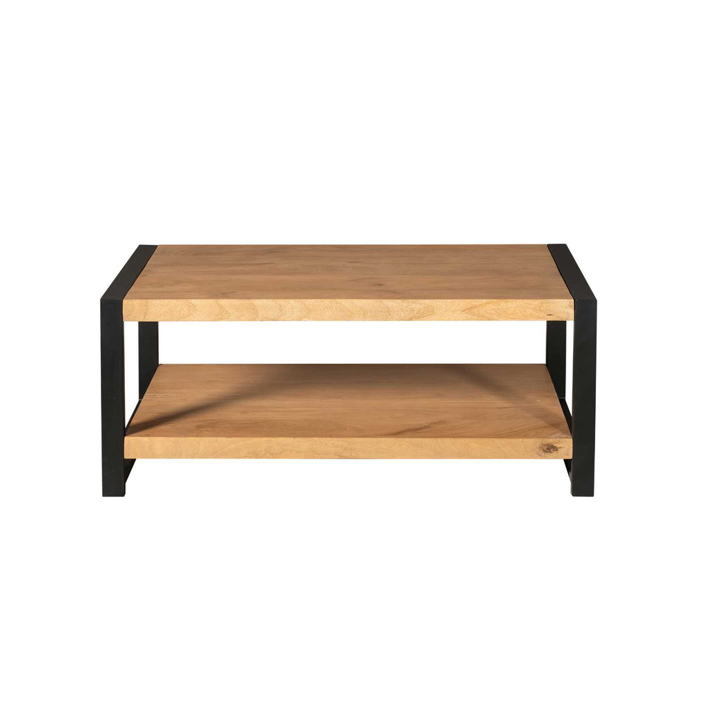 Couchtisch Bori – Rechteckiger Tisch aus Mangoholz & Metall mit Ablagefach, 110 x 60 x 45 cm