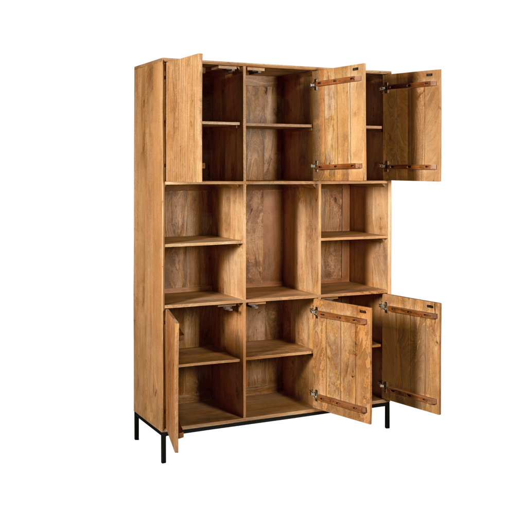 Regal Mandy Natur – Mangoholz mit Lamellenfront, 6 Türen & 5 Fächer, 135 x 45 x 200 cm