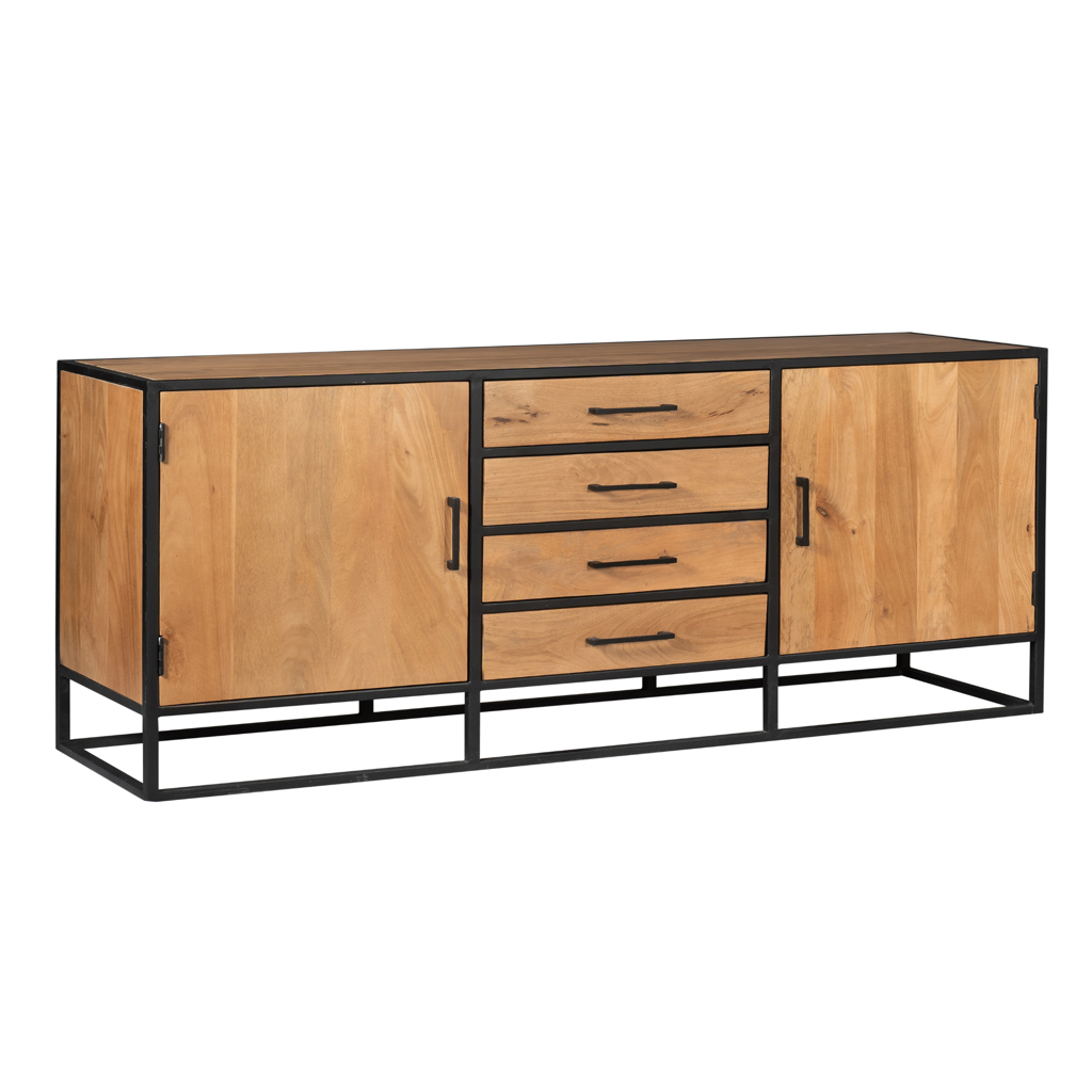 Sideboard Delta – Mangoholz & Metall, 2 Türen & 4 Schubladen, schwarzer Rahmen, 210 x 45 x 75 cm