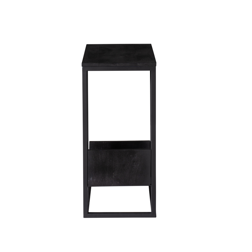 Beistelltisch Slider Schwarz – Mangoholz mit sandgestrahlter Oberfläche & schwarzem Metallgestell, 48×32×72 cm