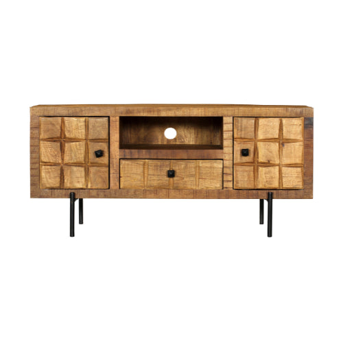 TV Board Jacky – Mangoholz & Metallbein, 120 x 40 x 55 cm, offenes Fach, 2 Türen, 1 Schublade, einzigartiges Design