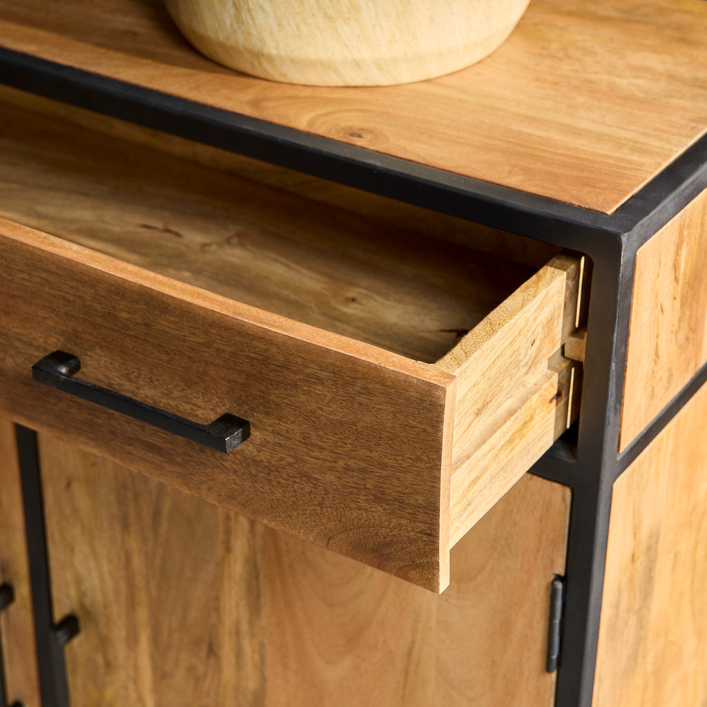 Schrank Delta aus Mangoholz mit Metallgestell – 2 Türen & 1 Schublade, modernes Design in Schwarz, 100 x 40 x 115 cm